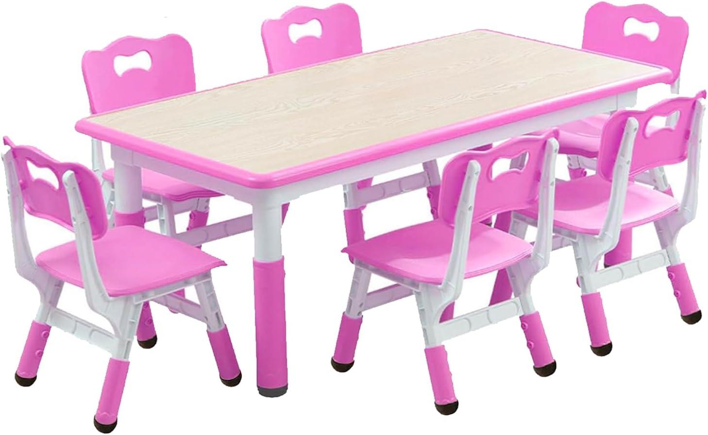 Kids Table and Chairs Set, Height Adjustable Desk With 6 Seats for Ages 2-10,Arts & Crafts Table,Graffiti Desktop, Non-Slip Legs, Max 300lbs, Children Multi-Activity Table for Classrooms,Daycares,Home