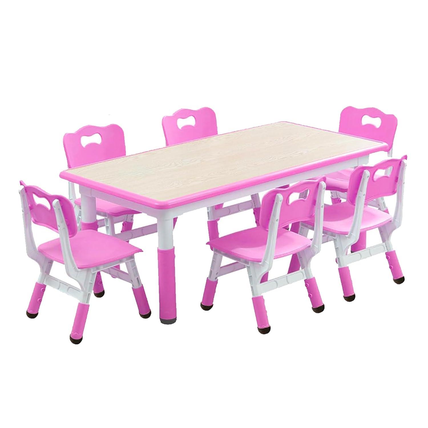 Kids Table and Chairs Set, Height Adjustable Desk With 6 Seats for Ages 2-10,Arts & Crafts Table,Graffiti Desktop, Non-Slip Legs, Max 300lbs, Children Multi-Activity Table for Classrooms,Daycares,Home