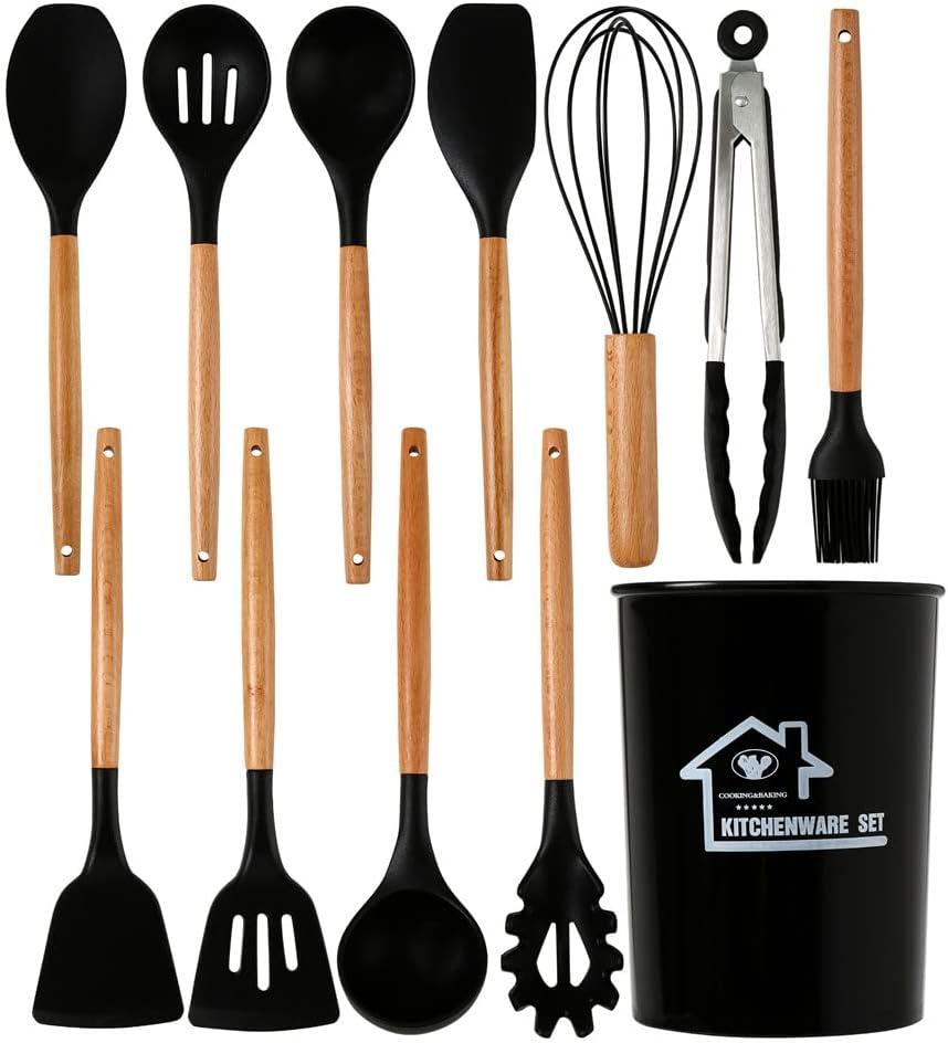 Black Silicone and Wood 12-Piece Heat Resistant Kitchen Utensil Set