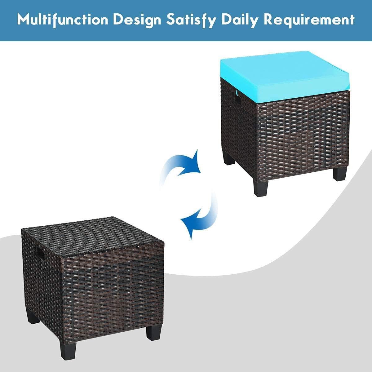 Costway 2PCS Patio Rattan Ottoman Cushioned Seat w/ Foot Rest Turquoise