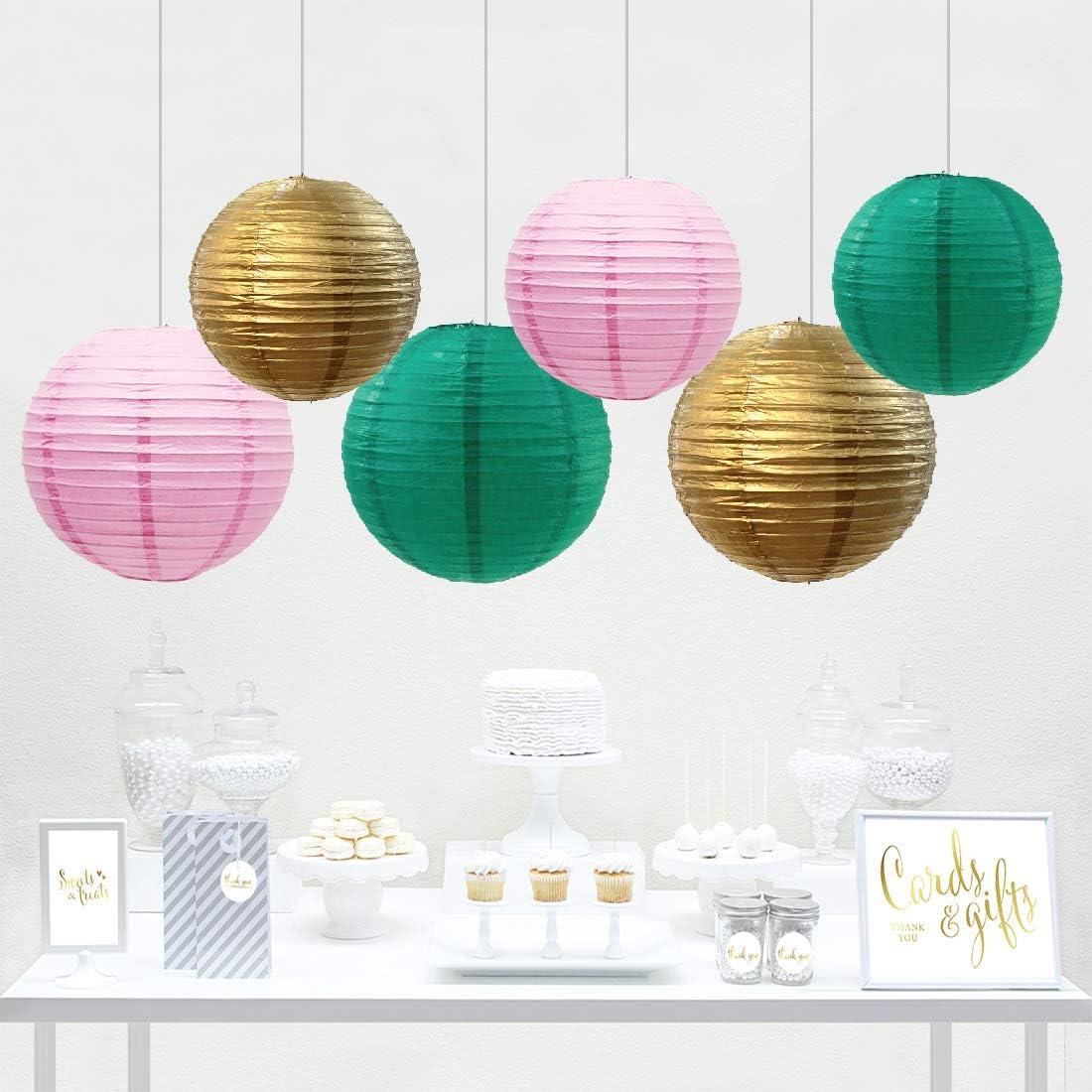 Koyal Wholesale Blush Pink, Emerald Green, Gold Hanging Paper Lanterns Decorative Kit, 6-Pack with Free Gifts Party Sign