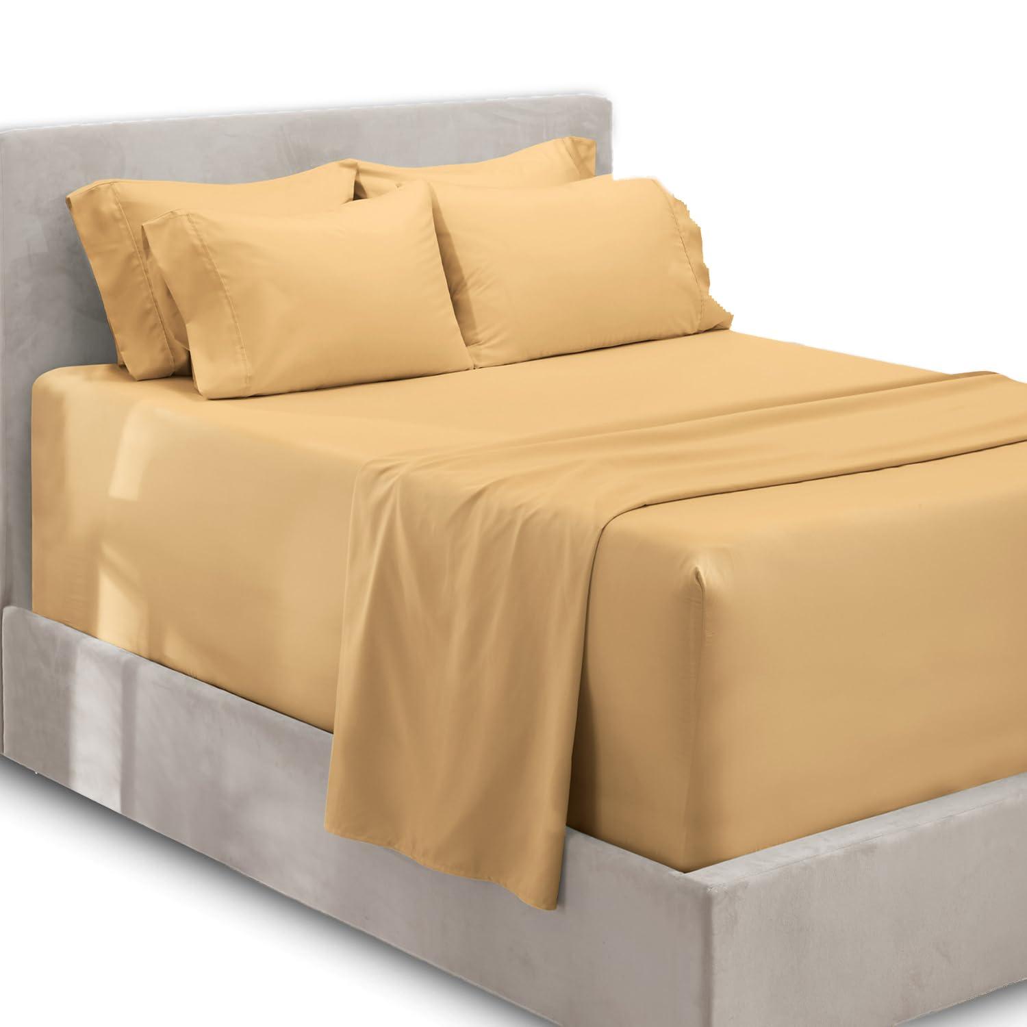 Extra Deep Pocket 4 Piece Bed Sheet Set – Super Deep Fitted Sheet Fits Mattress from 18-24 inces Depth – Double Brushed Microfiber Sheets with 2 Pillow Cases, Twin, Camel