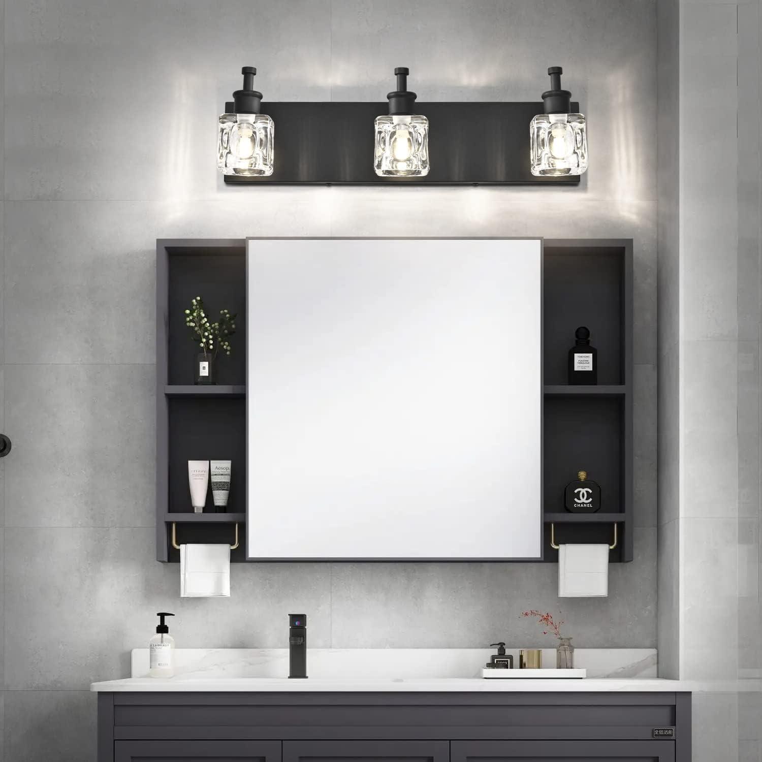 PRESDE Black Crystal Bathroom Lights Fixtures Over Mirror Modern 3 Light Vanity Lighting Bathroom Wall Light Fixtures(Exclude Bulb)