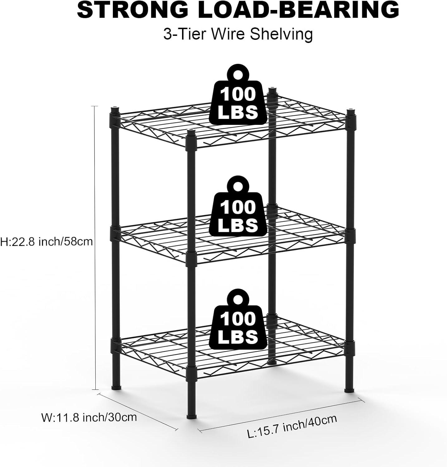 Adjustable Black 3-Tier Industrial Steel Wire Shelving Unit