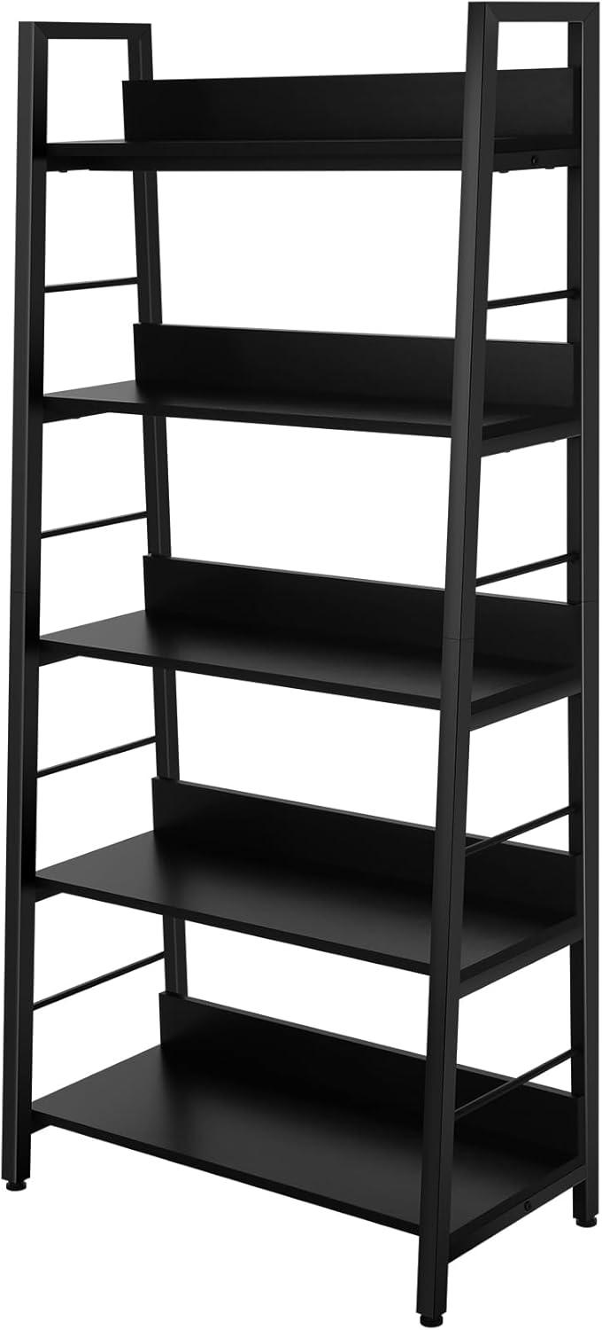 BATHWA 5 Tier Book Shelf, Industrial Bookcase and Storage Rack Accent Ladder Bookshelf, Black Wooden 28'' Wide 59''Tall Shelves Ladder Shelf for Living Room, Bedroom, Home Office