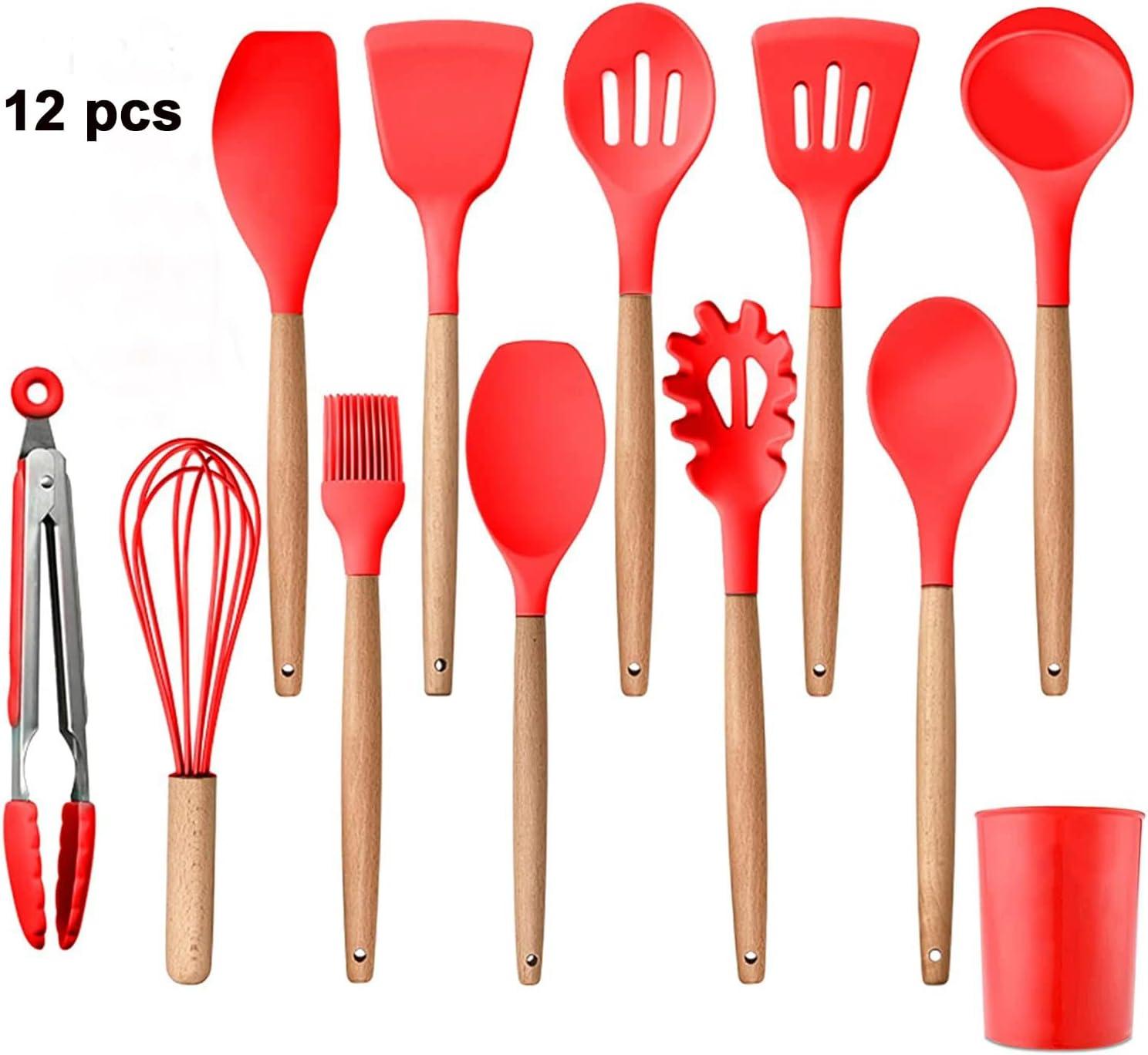 Red 12-Piece Silicone Kitchen Utensils Set with Wooden Handles and Holder