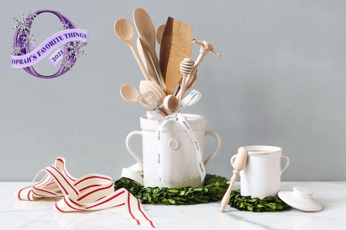 Small White Ceramic Crock with Wooden Utensils Set