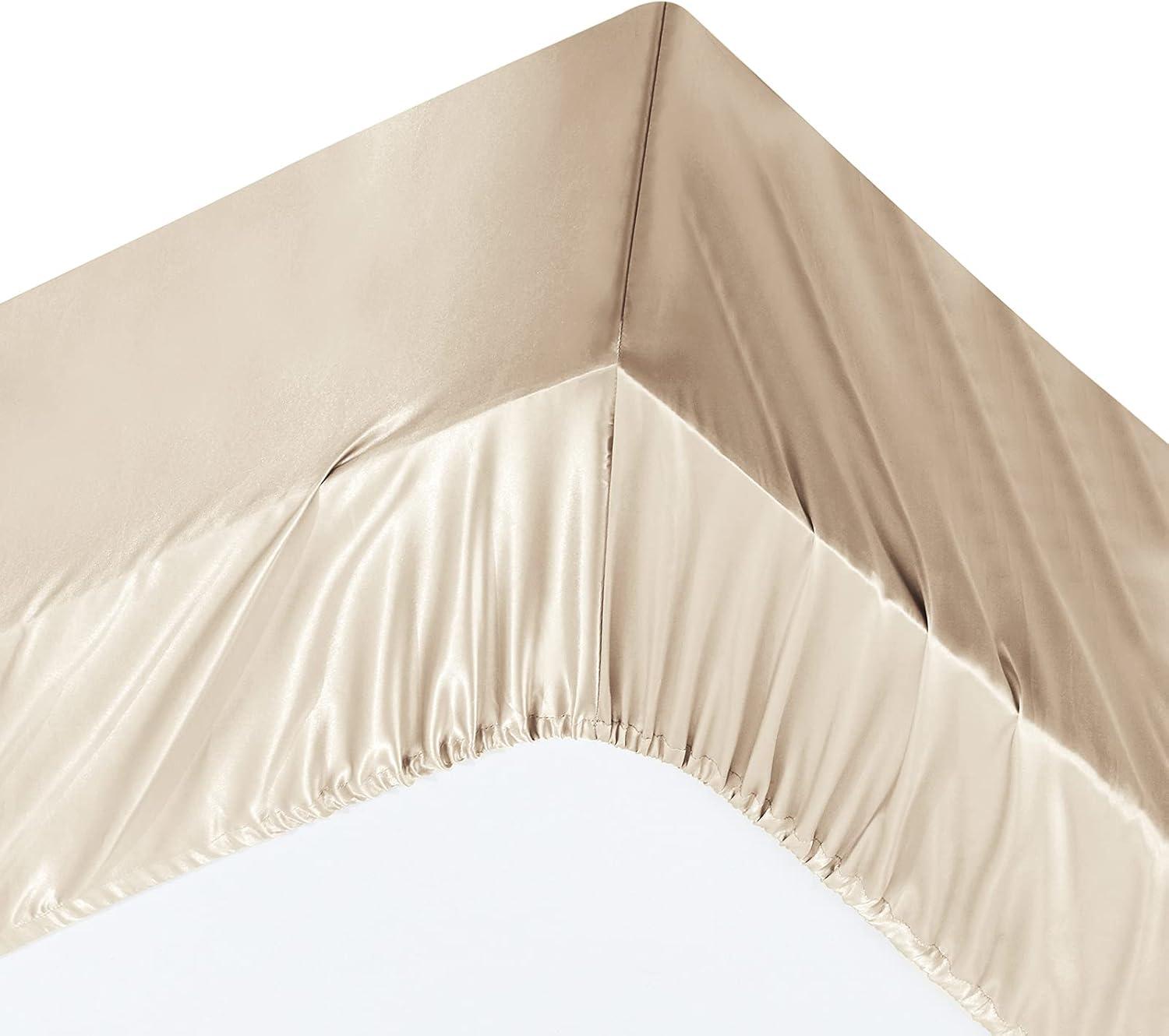 Luxury Beige Satin Queen Deep Pocket 7-Piece Sheet Set