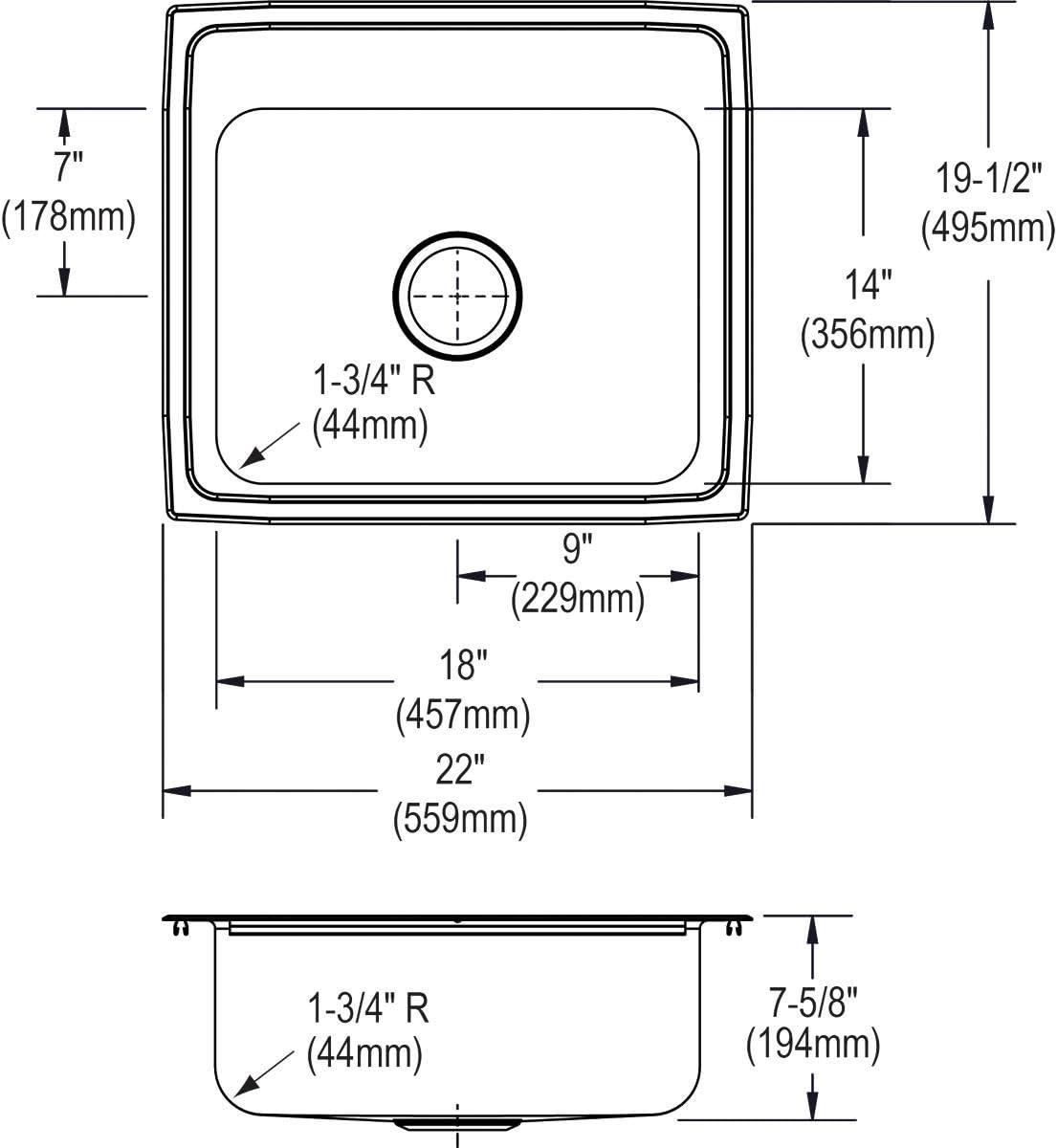 Lustertone 22" Stainless Steel Drop-In Single Bowl Sink