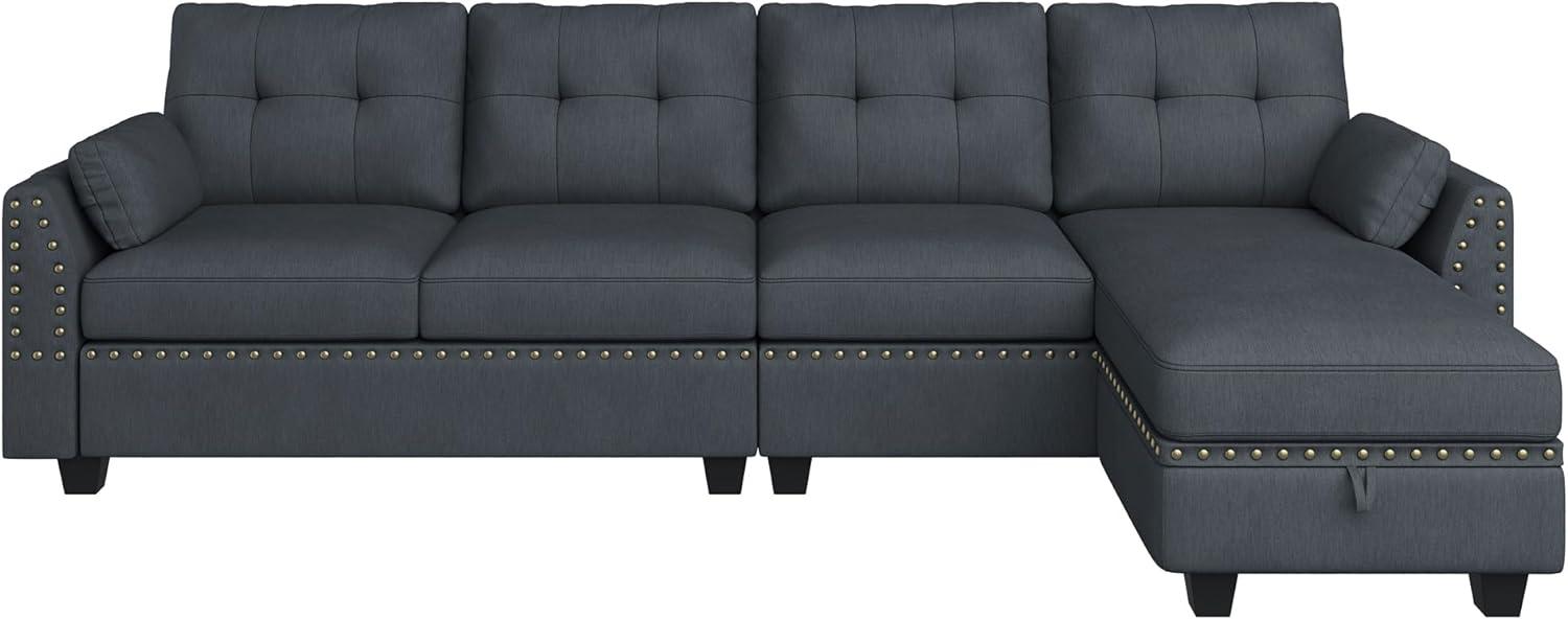 Bluish Grey Tufted Four Piece Fabric Sectional with Ottoman