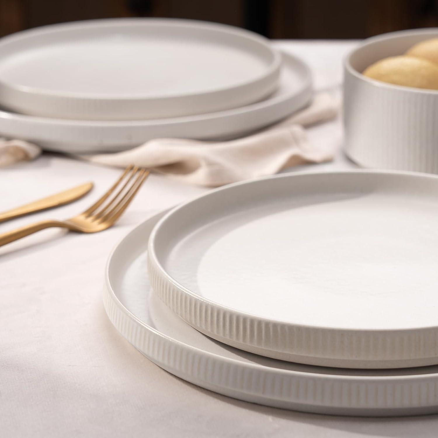 Famiware Star Stoneware Dinnerware Sets, Plates and Bowls Set for 4, 12 Piece Dish Set, Matte White