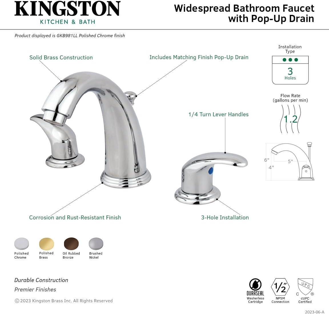 Kingston Brass Legacy Two-Handle 3-Hole Deck Mount Widespread Bathroom Faucet with Retail Pop-Up Drain