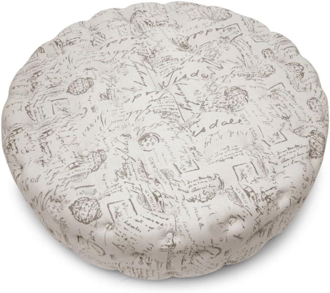 Cardiff Script Print Modern Tufted Ottoman - Baxton Studio: Circular, Linen Upholstery, Wood Legs