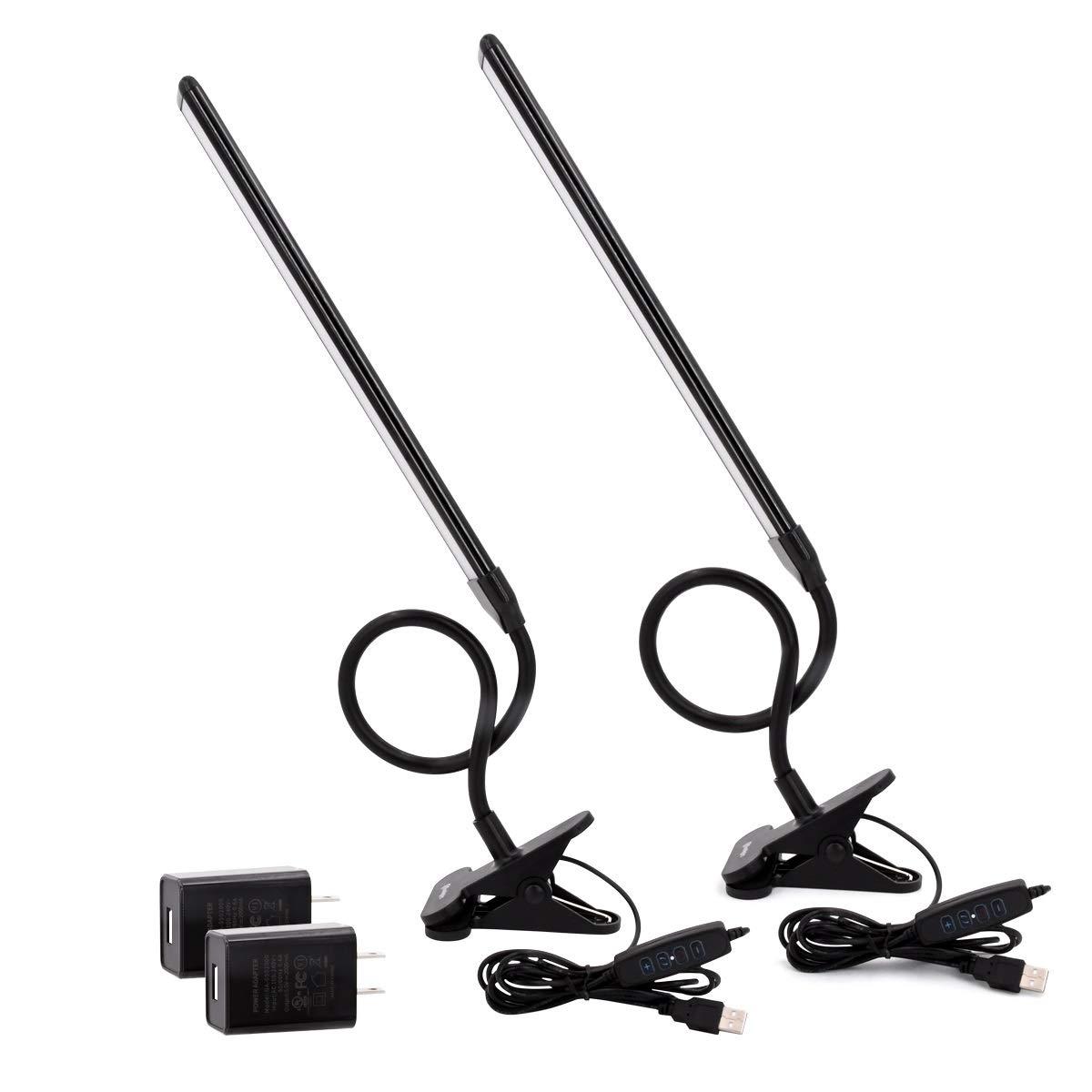 Clamp on Lamp, Clip Light, Desk Lamps with 3 Color Temperature Settings, 10 Brightness Levels, 2m USB Cord Power Supply and AC Adapter Included, Pack of 2 (Black)