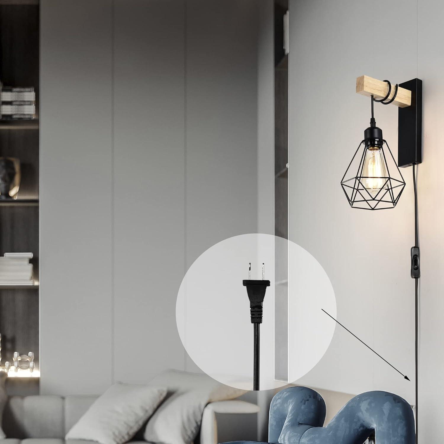 Plug in Wall Sconces Set of 2 with 6 FT On/Off Switch Cord, Wall Light Fixtures Black Industrial Farmhouse Indoor Wall Latern For Bedroom Living Room