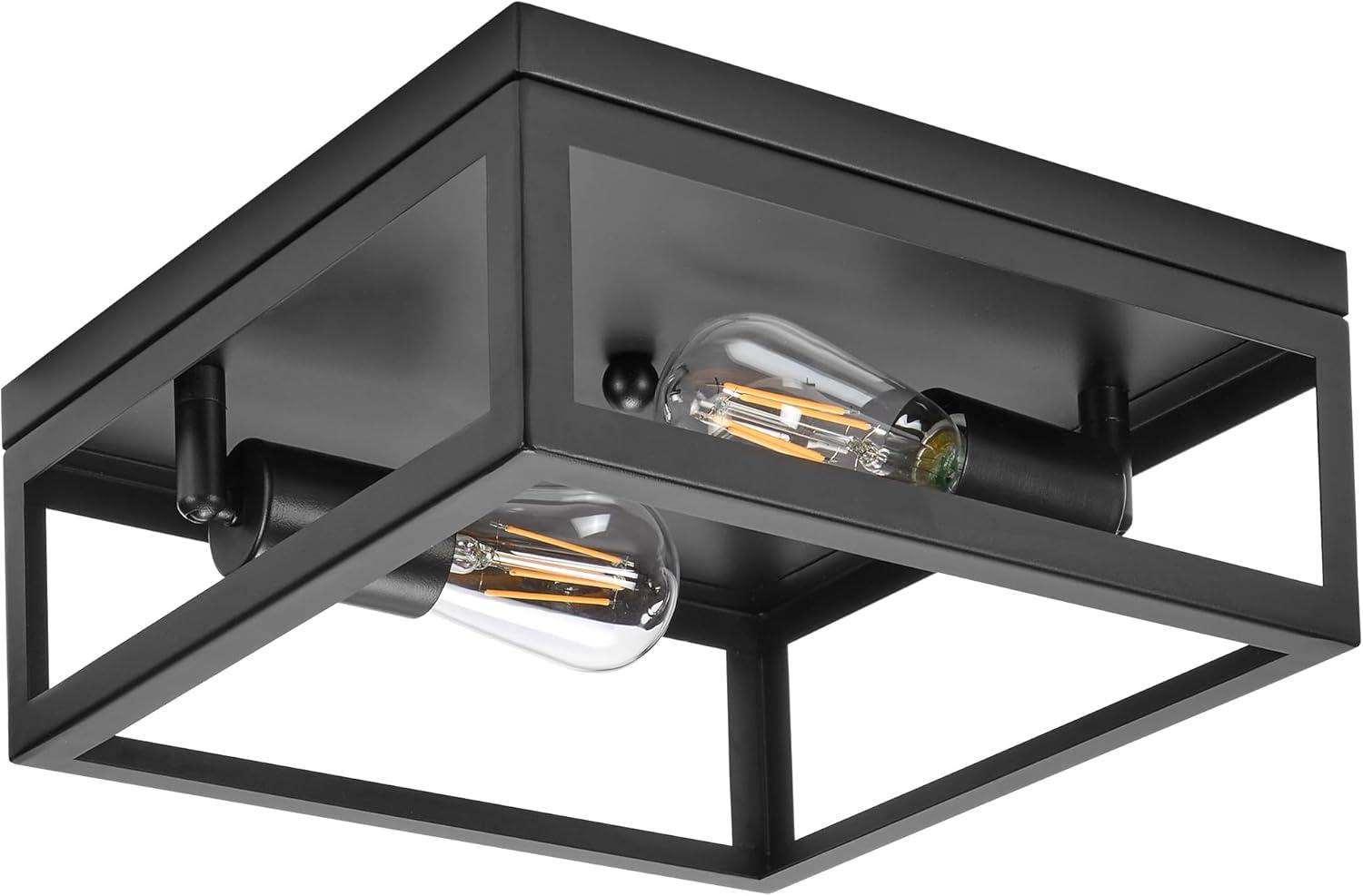 Maxxima 12” 2-Light Indoor / Outdoor Flush Mount Ceiling Light Fixture, Square Black Farmhouse Fixture, Bulbs Not Included