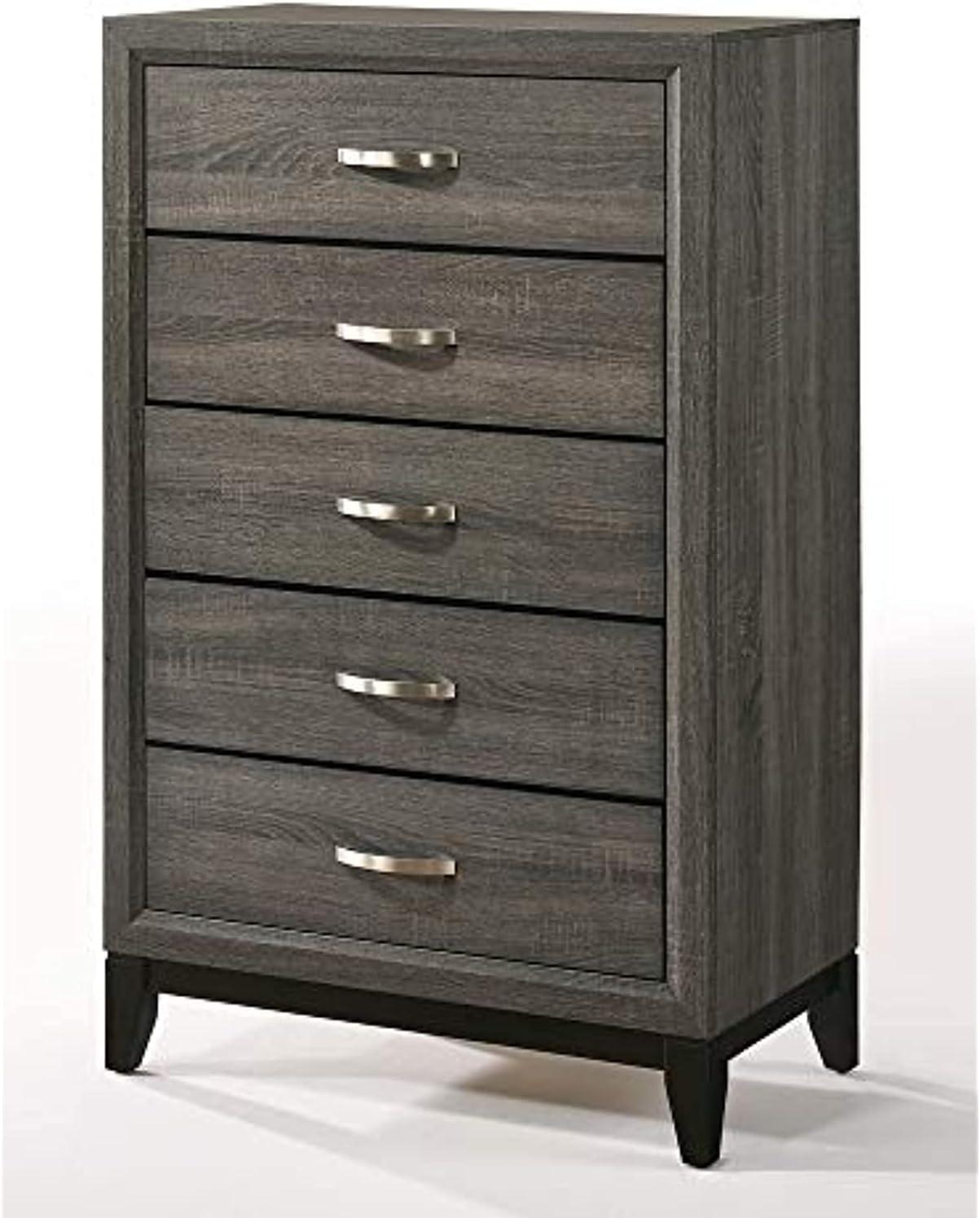 Weathered Gray Farmhouse 5-Drawer Chest with Nickel Accents