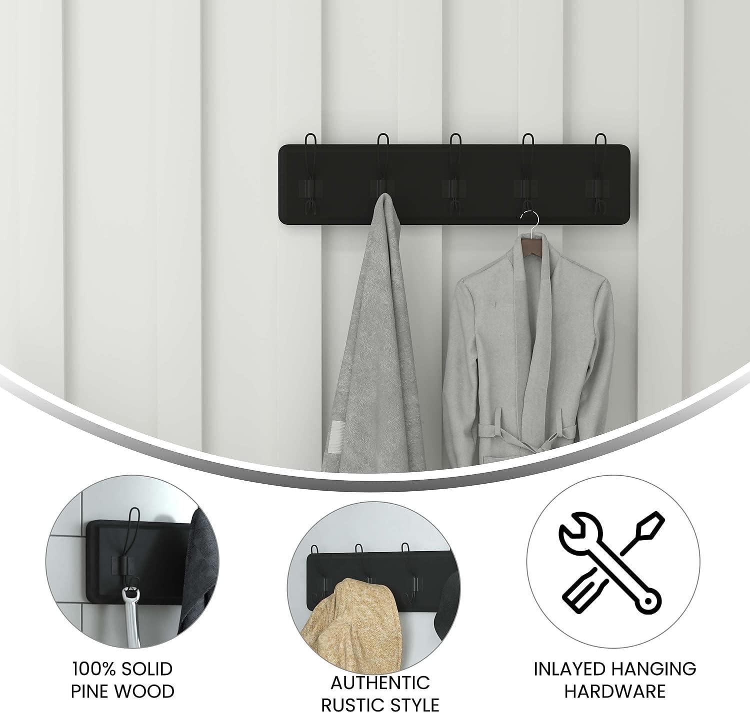 Black Solid Pine Wall Mounted Rack with 5 Hooks