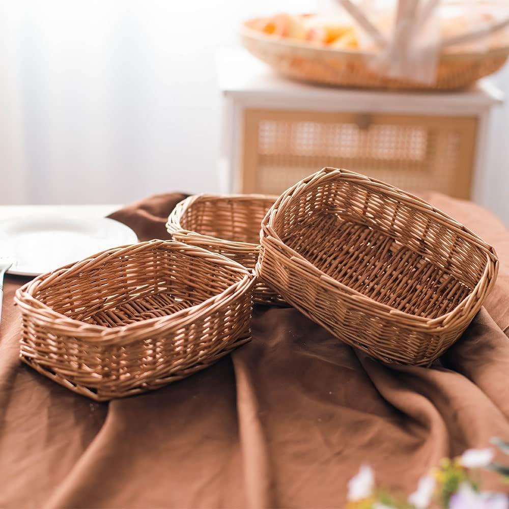 Natural Wicker Rectangular Storage Baskets with Wood Handles, Set of 3