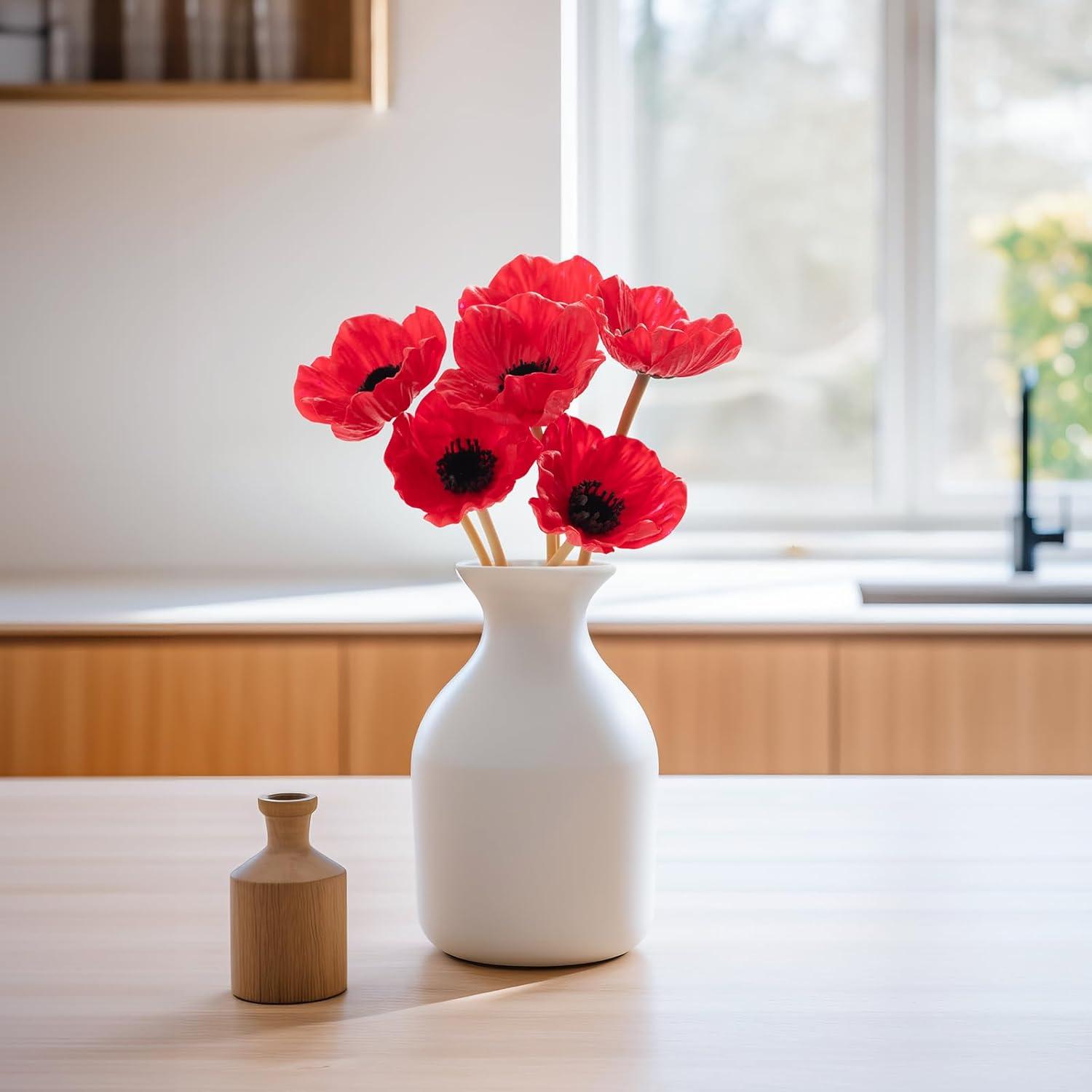 Floral Kingdom Artificial Anemone Poppy, Real Touch Latex, Red, 10 Inch, 8 Pack for Home and Wedding Table Decor, All Season