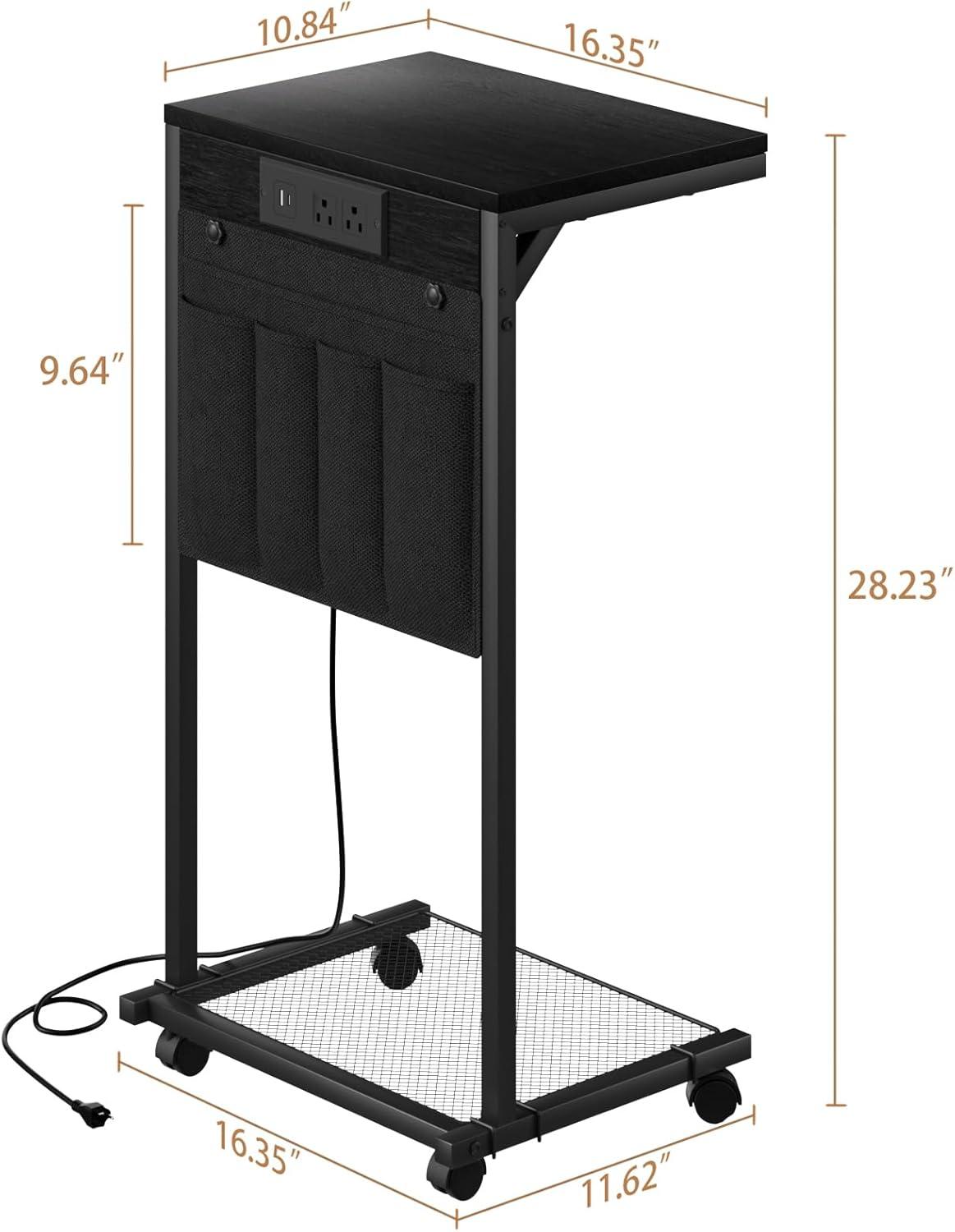 C-Shaped Side Table, Small End Table with Storage Bag, Couch Side Table with Sturdy Frame, Sturdy Slide Under Sofa Table, TV Tray Table for Living Room, Bedroom, Rustic Brown and Black BF40SF01