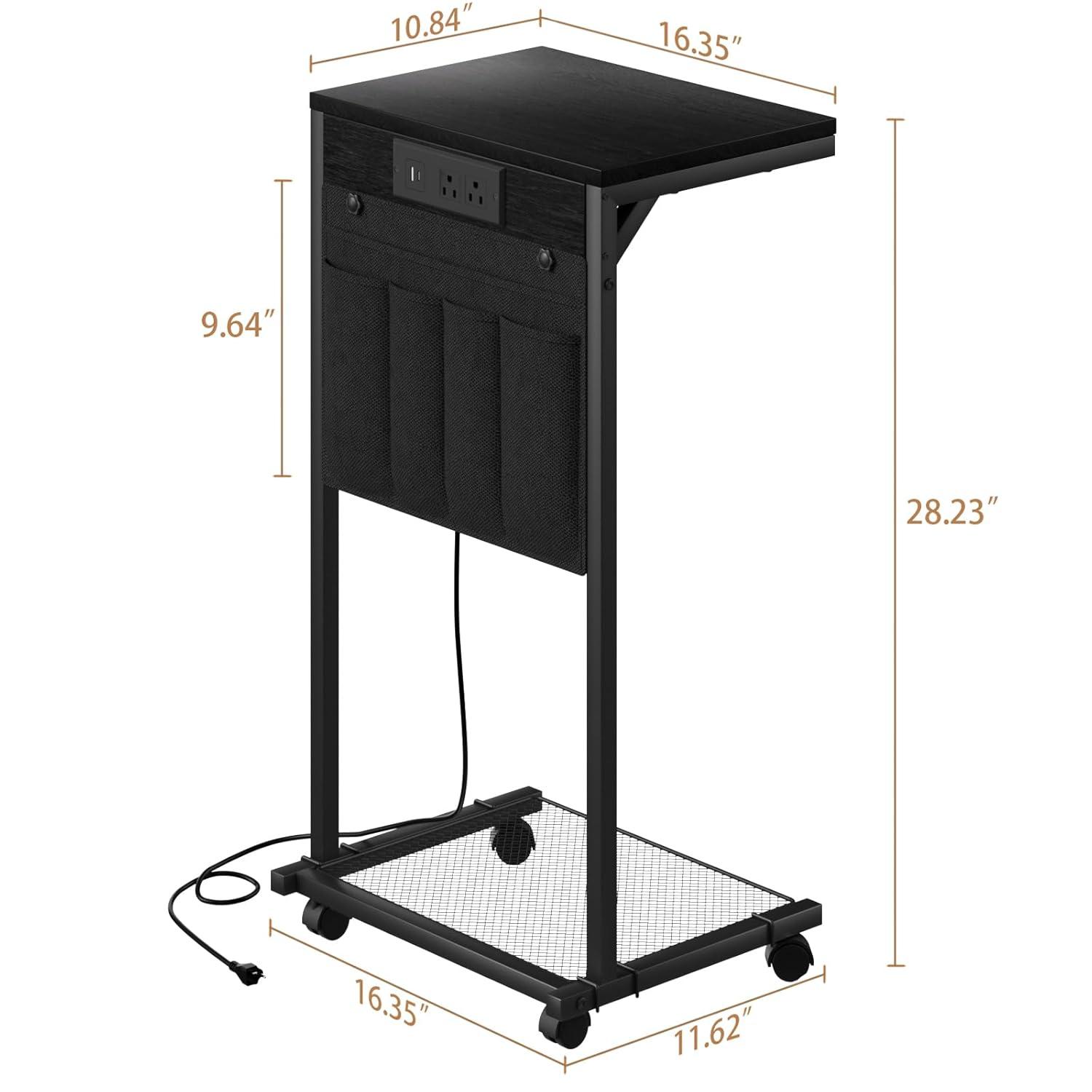 C-Shaped Side Table, Small End Table with Storage Bag, Couch Side Table with Sturdy Frame, Sturdy Slide Under Sofa Table, TV Tray Table for Living Room, Bedroom, Rustic Brown and Black BF40SF01