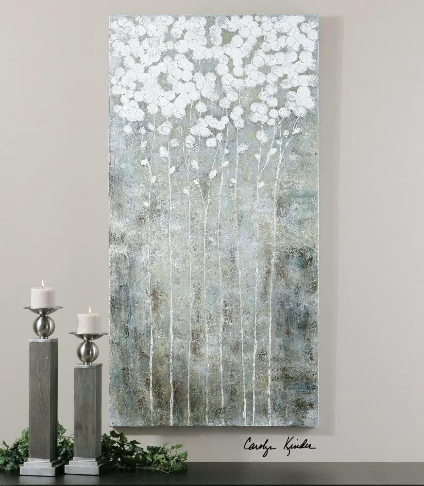 Gray and White Cotton Blossoms Rectangular Canvas Art