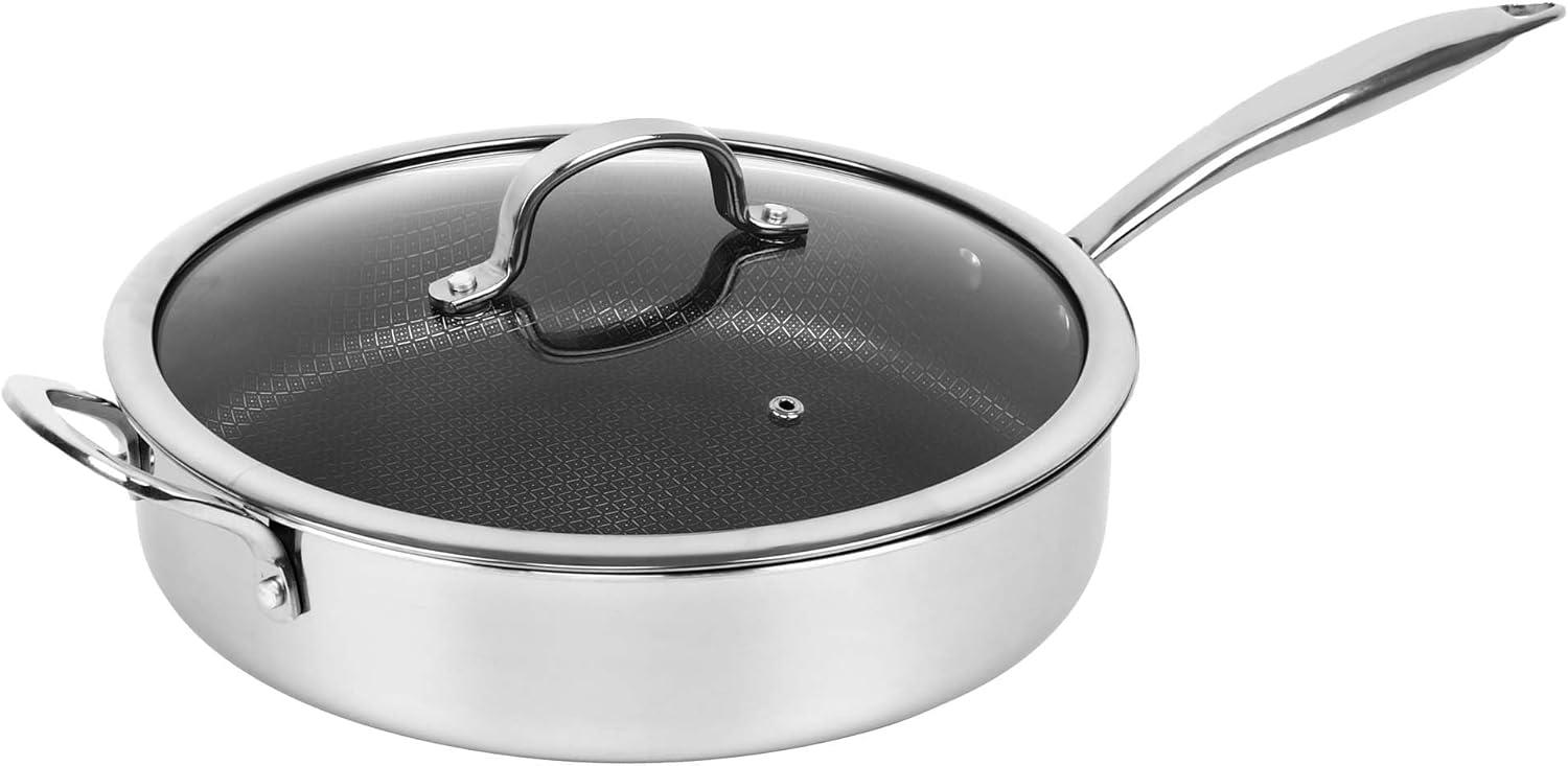 Brentwood 11-In. 3-Ply Hybrid Non-Stick Stainless Steel Induction-Compatible Deep Sauté Pan with Glass Lid
