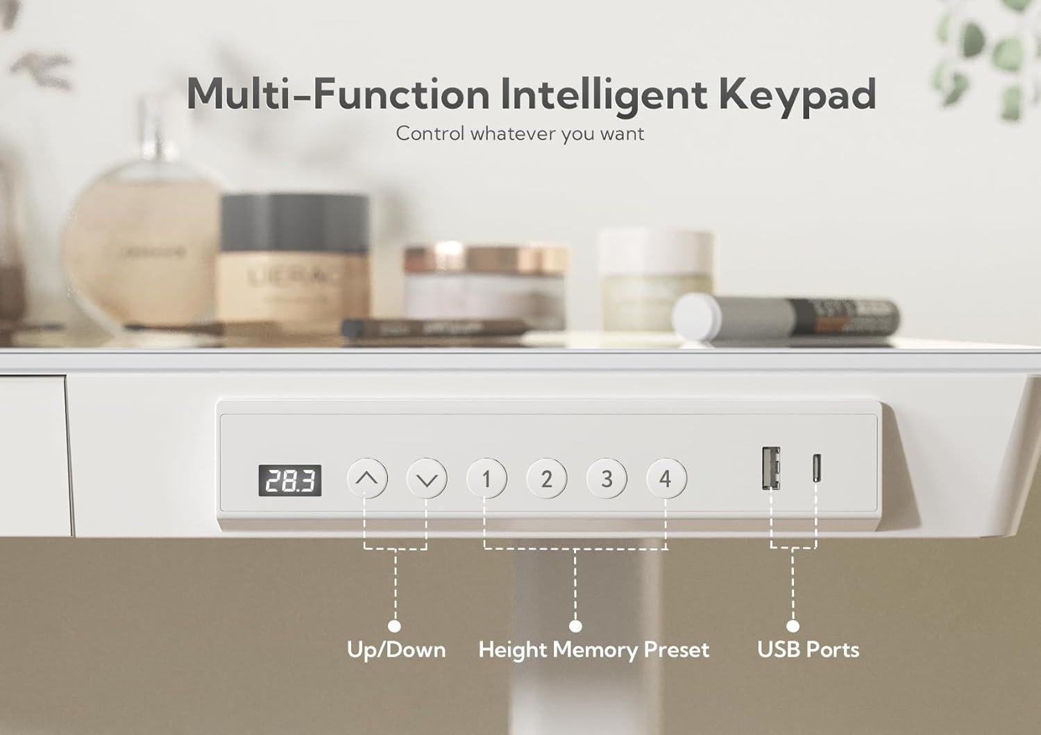 White Glass Adjustable Standing Desk with Drawer and USB Ports