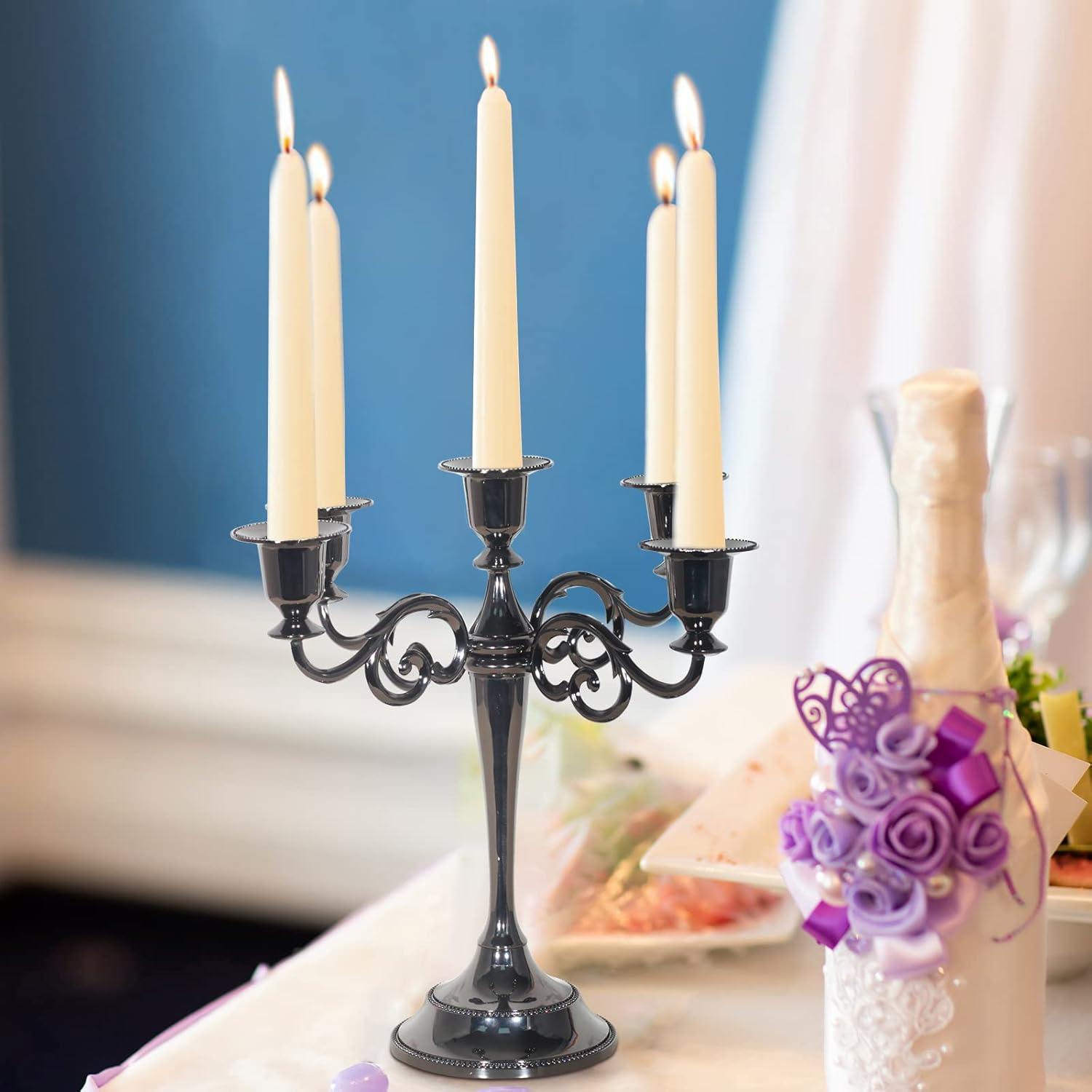 HYEASTR Metal Candelabra 5 Arm Candle Holder for Candlelight Dinner, Retro Candle Stand for Table Decor Centerpiece, Vintage Candlestick for Wedding Halloween Event - Black