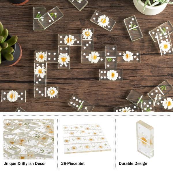 Acrylic Dominos Set - 28-Piece Domino Game with Display Box - Strategy Game, Tabletop Decoration and Modern Home Decor- Daisy