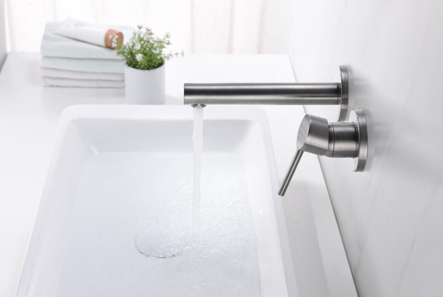 Brushed Nickel Wall-Mount Bathroom Faucet with Lever Handle