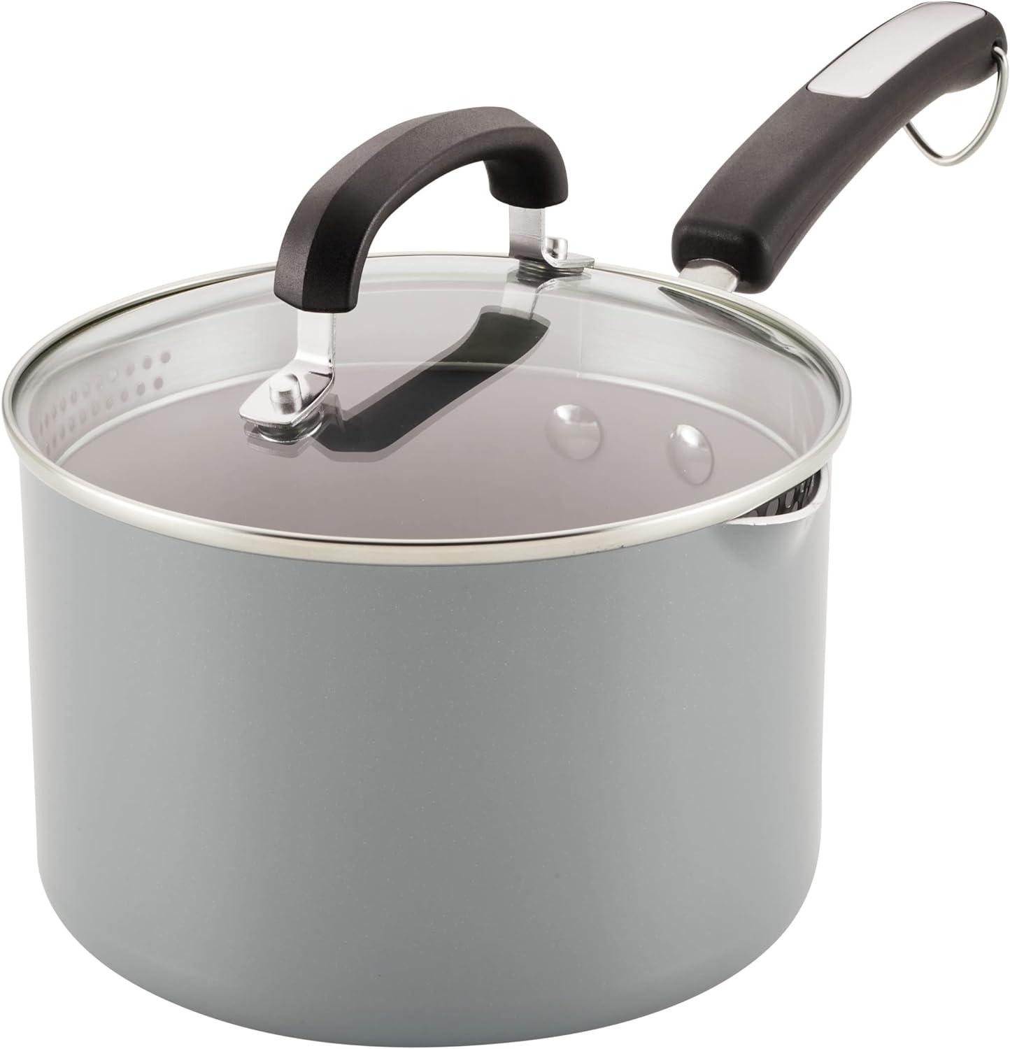 Gray Aluminum Nonstick Saucier with Pour Spout and Lid