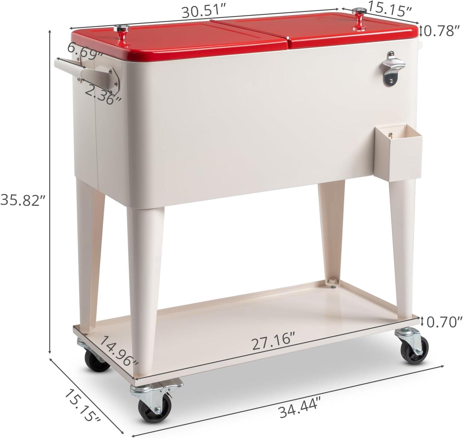 Milk White and Red Metal Rolling Cooler with Wheels