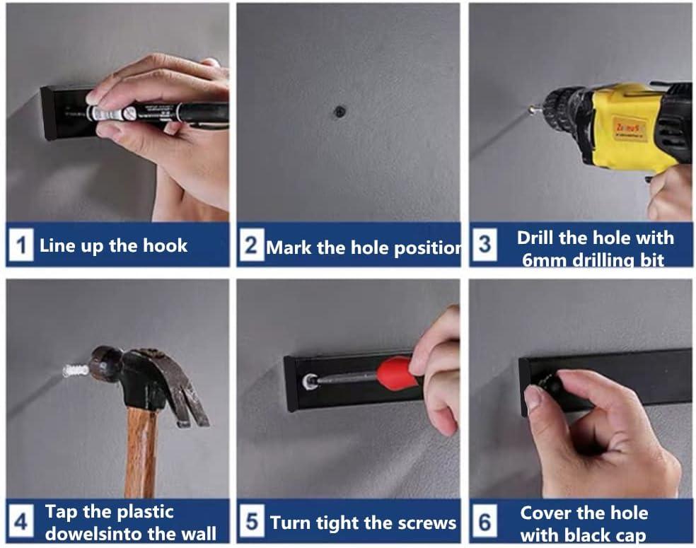 Coat Rack Wall Mount,Wall Coat Rack with 6 Movable Hooks,Black Coat Rack Wall Mount 2 Pack,Wall Mounted Coat Rack for Entryway,Bathroom, Kitchen,42.5cm