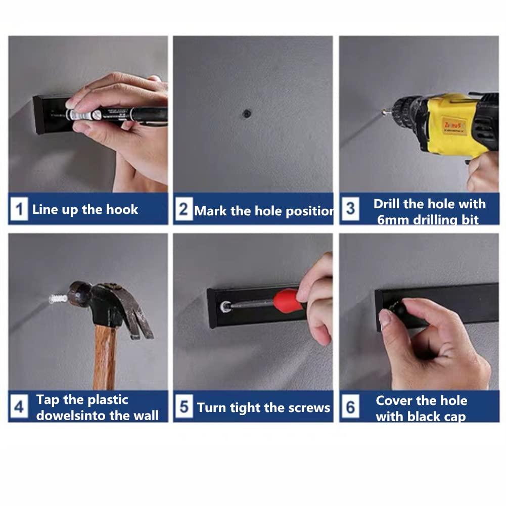 Coat Rack Wall Mount,Wall Coat Rack with 6 Movable Hooks,Black Coat Rack Wall Mount 2 Pack,Wall Mounted Coat Rack for Entryway,Bathroom, Kitchen,42.5cm