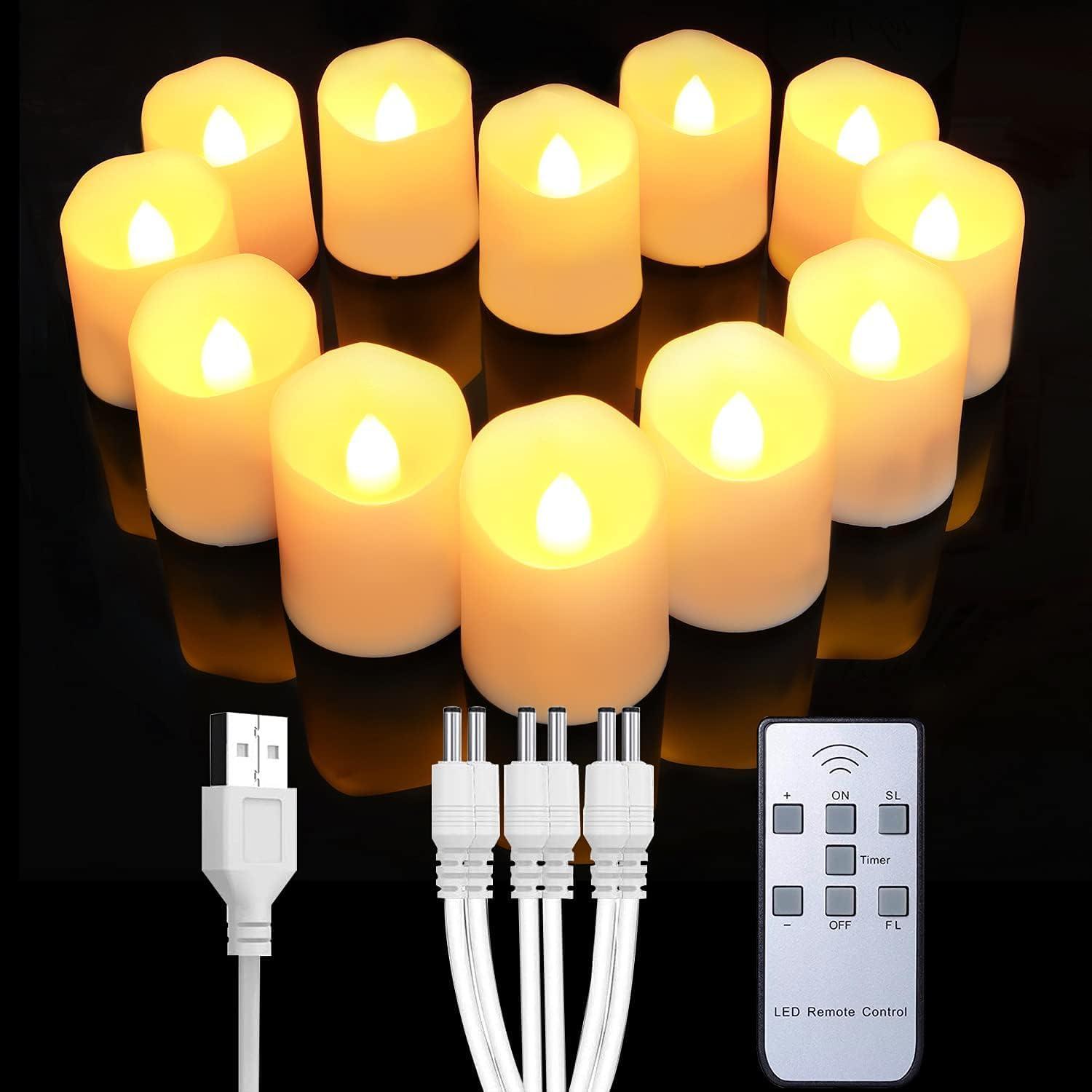 TRAHOO-Rechargeable Flameless Votive Candles with Remote, Battery Tea Lights with Timer, 12PCS Electric Fake Candle in Warm White (USB Charging Cable Included)