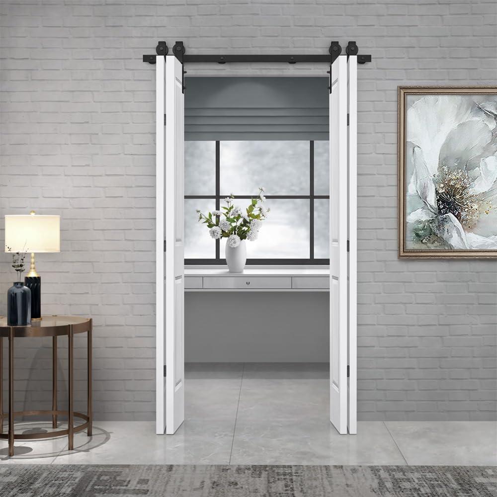 72 in. x 80 in. Hollow Core 2 Panel White Painted MDF Composite Double Bi-Fold Barn Doors with Sliding Hardware Kit