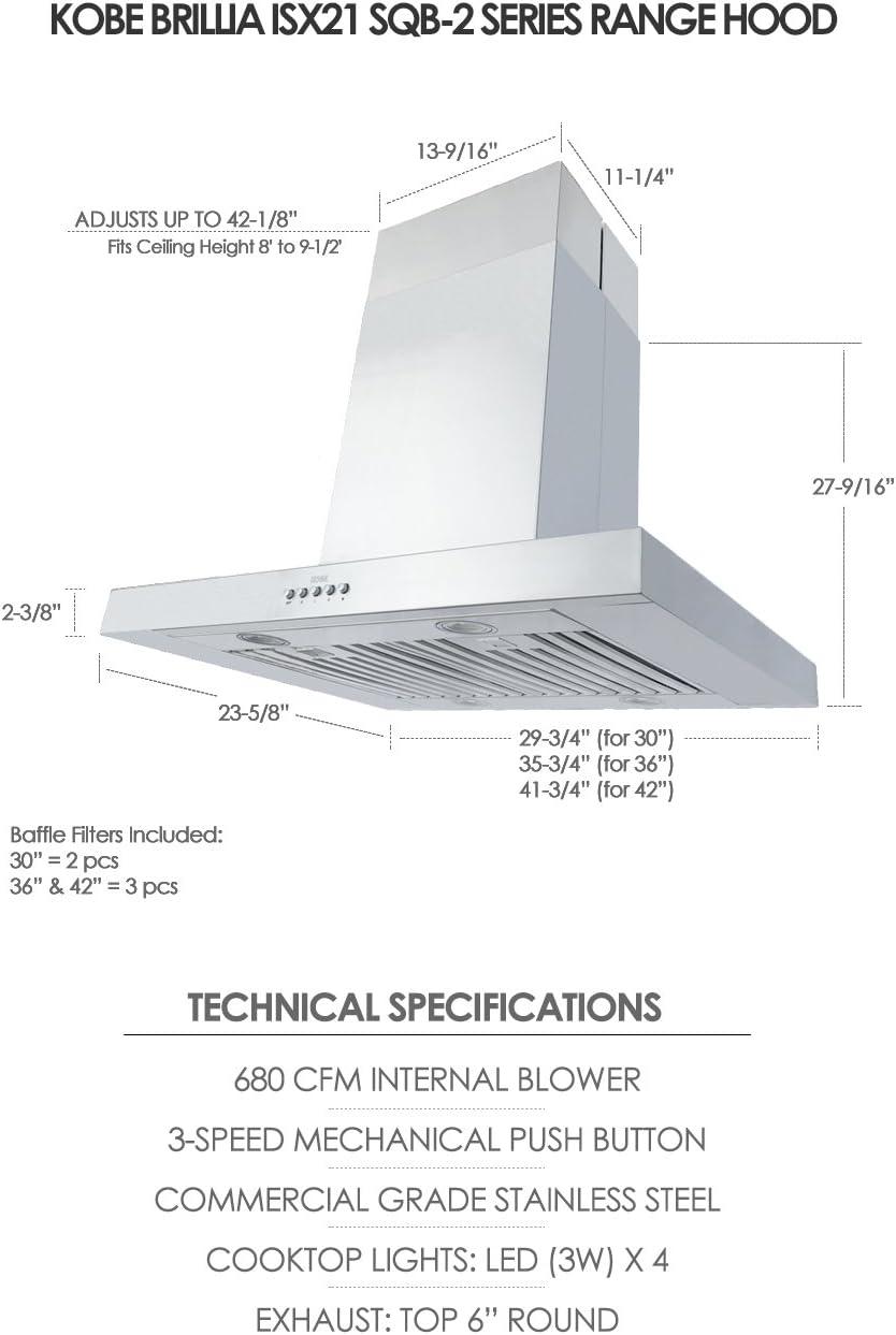 Kobe Range Hoods 36" Stainless Steel 680 CFM Ducted (Vented) Island Range Hood with Baffle Filter