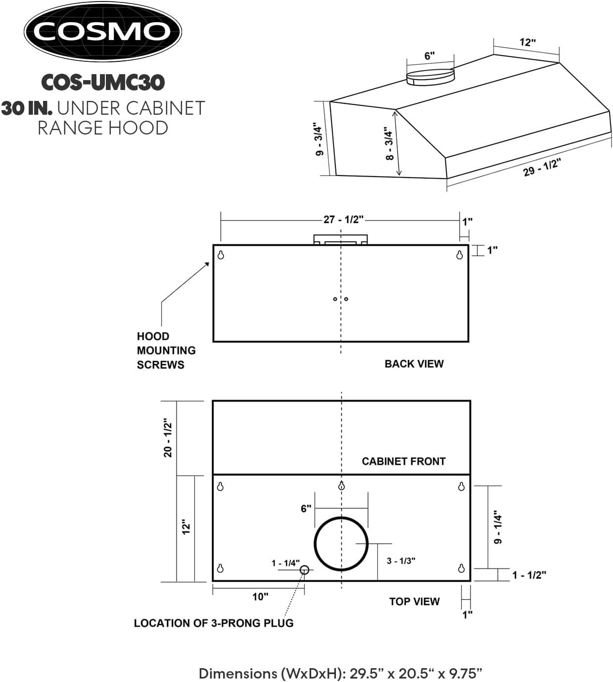 Cosmo 30-Inch Stainless Steel Under Cabinet Range Hood with LED Light