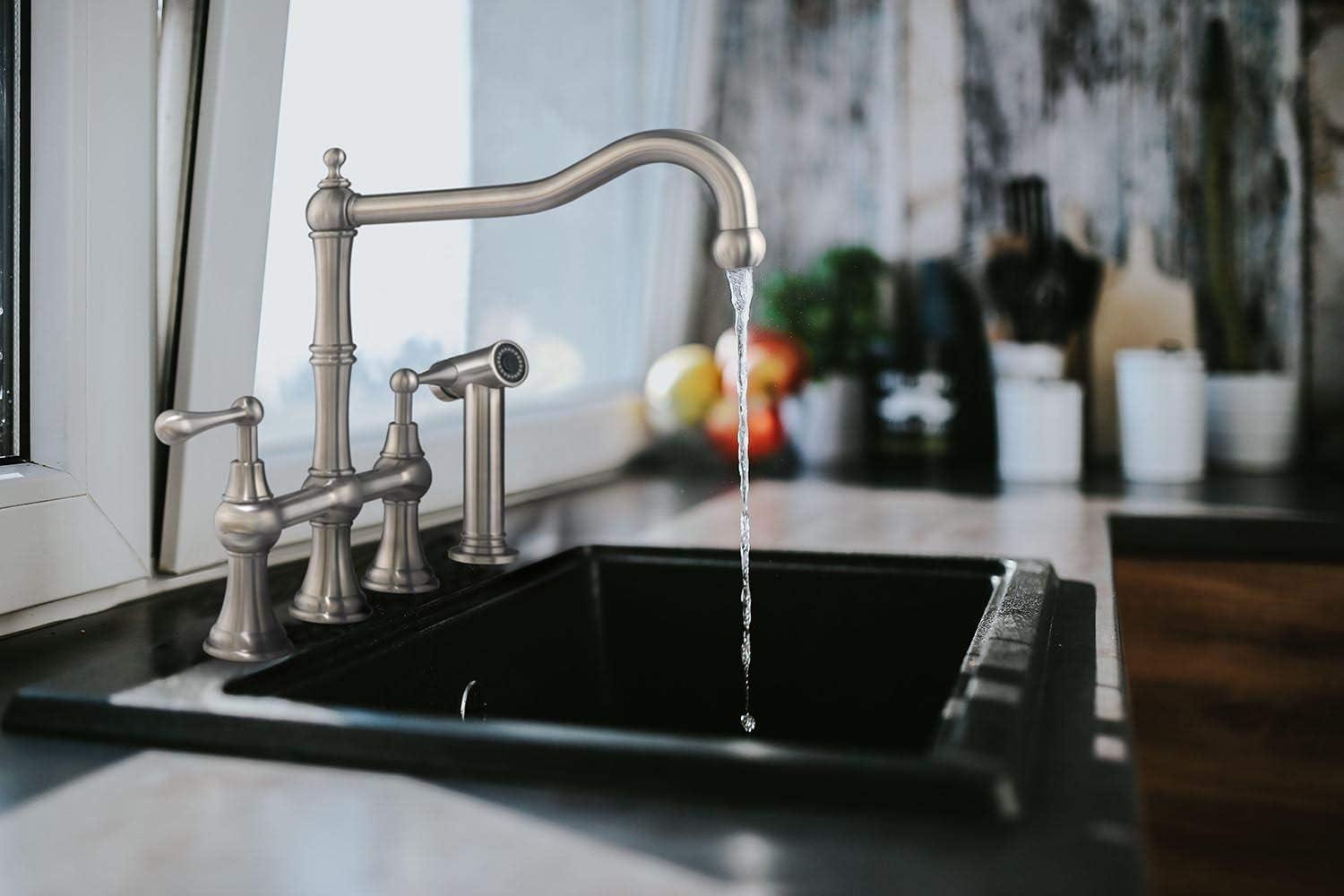 Whitehaus Collection Lead-Free Solid Stainless Steel Bridge Faucet with a Long Traditional Spout, Lever Handles and Side Spray