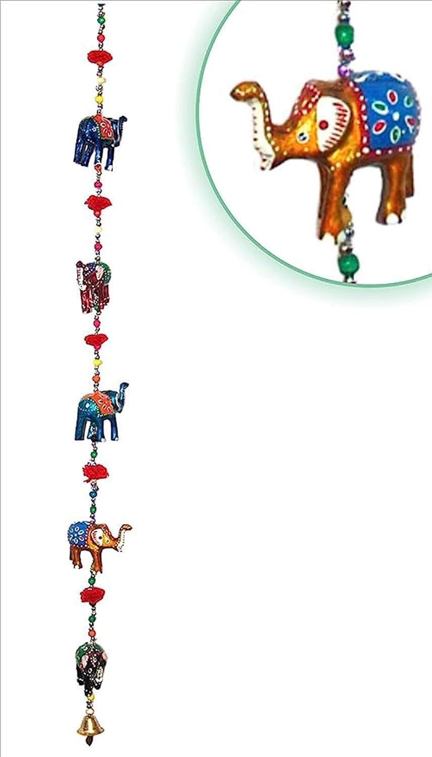 Rastogi Handicrafts Decorative Hanging Five Hand Painted Multi Color Resin Elephant with Beads and Brass Bell Size-76 cm