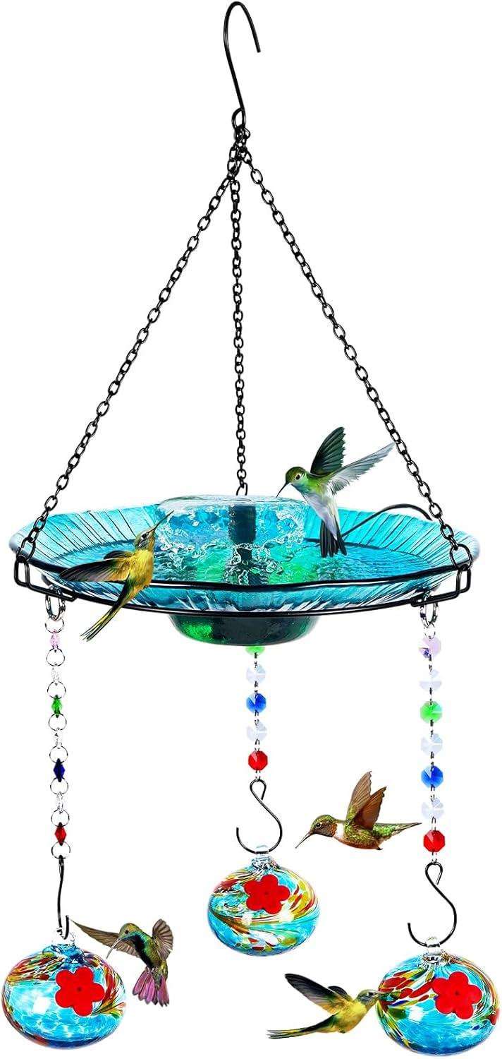 Hummingbird Feeder and Bird Bath for Outdoors 2-in-1 for Small Birds - Hummingbird Bath Fountain with 3 Red Feeder Pots - Hanging Solar Bird Bath Fountains