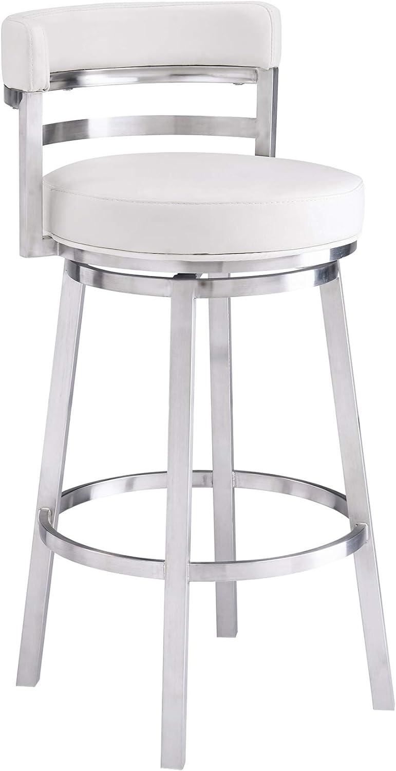 Luxe Swivel 26" White Faux Leather & Brushed Stainless Steel Barstool