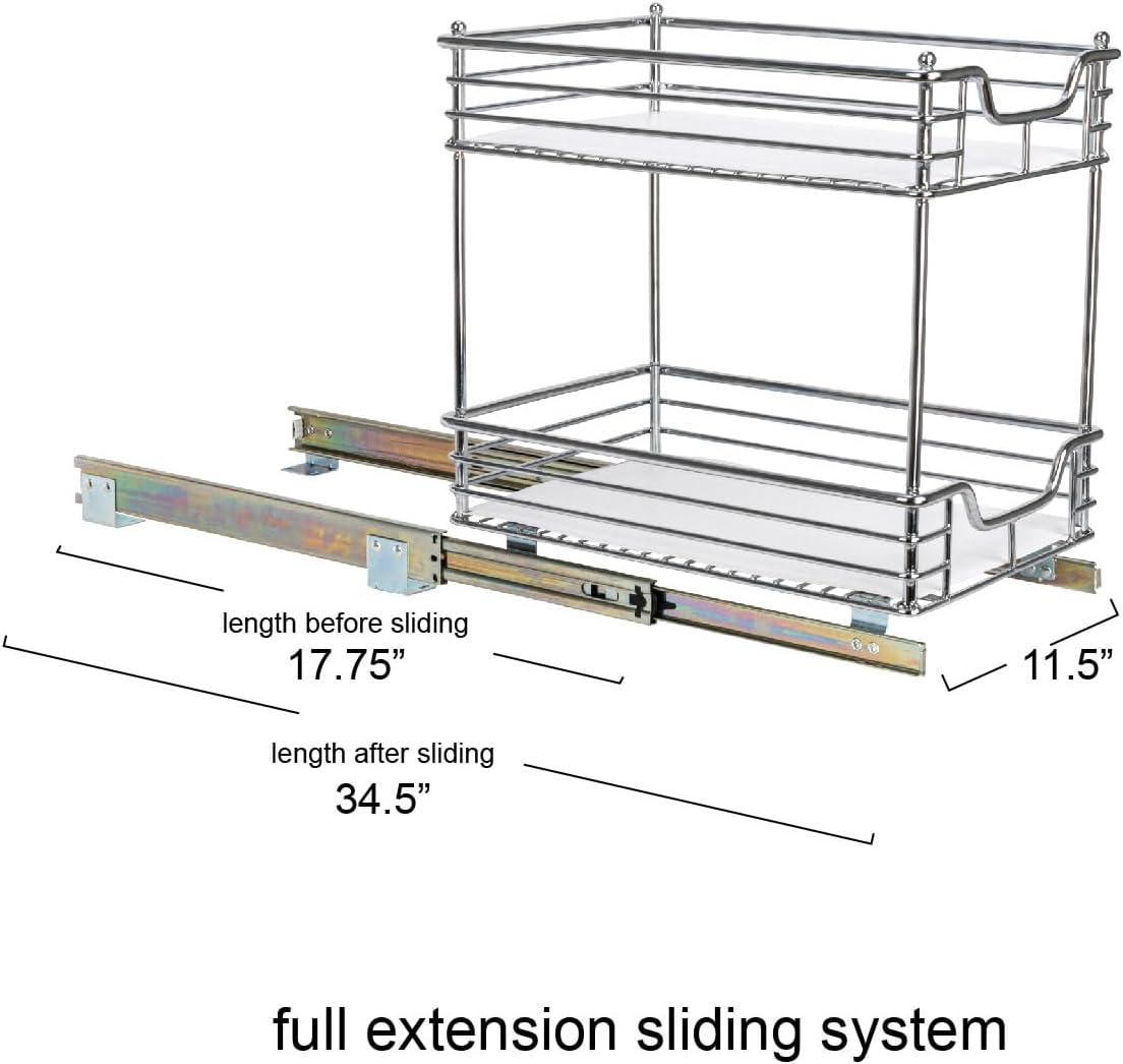 Household Essentials Glidez Multipurpose Chrome-Plated Steel Pull-Out/Slide-Out Storage Organizer with Plastic Liner for Under Cabinet Use - 2-Tier Design - Fits Standard Size Cabinet or Shelf, Chrome