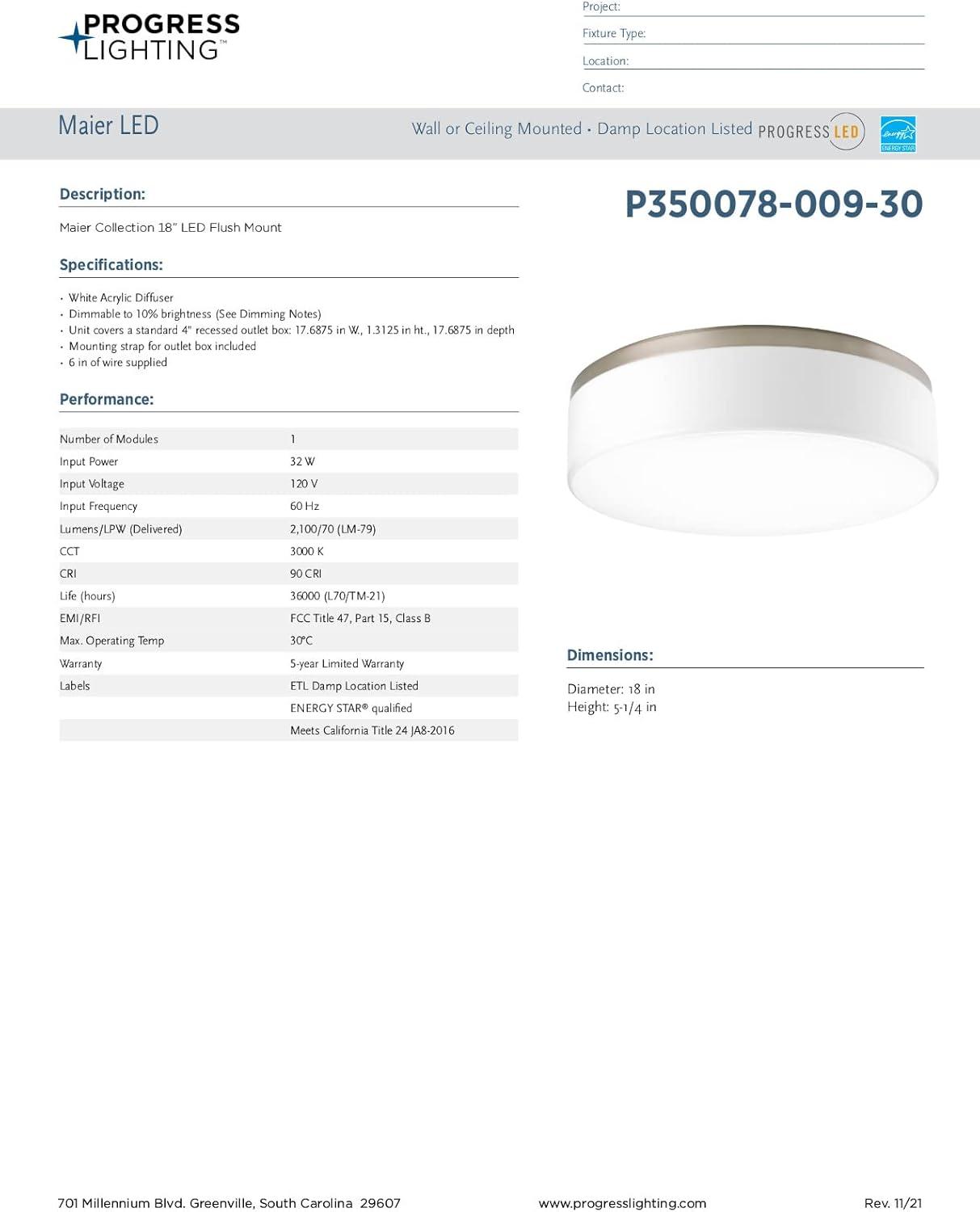 Progress Lighting Maier 1-Light LED Flush Mount, Brushed Nickel, Etched White Opal Acrylic Diffuser