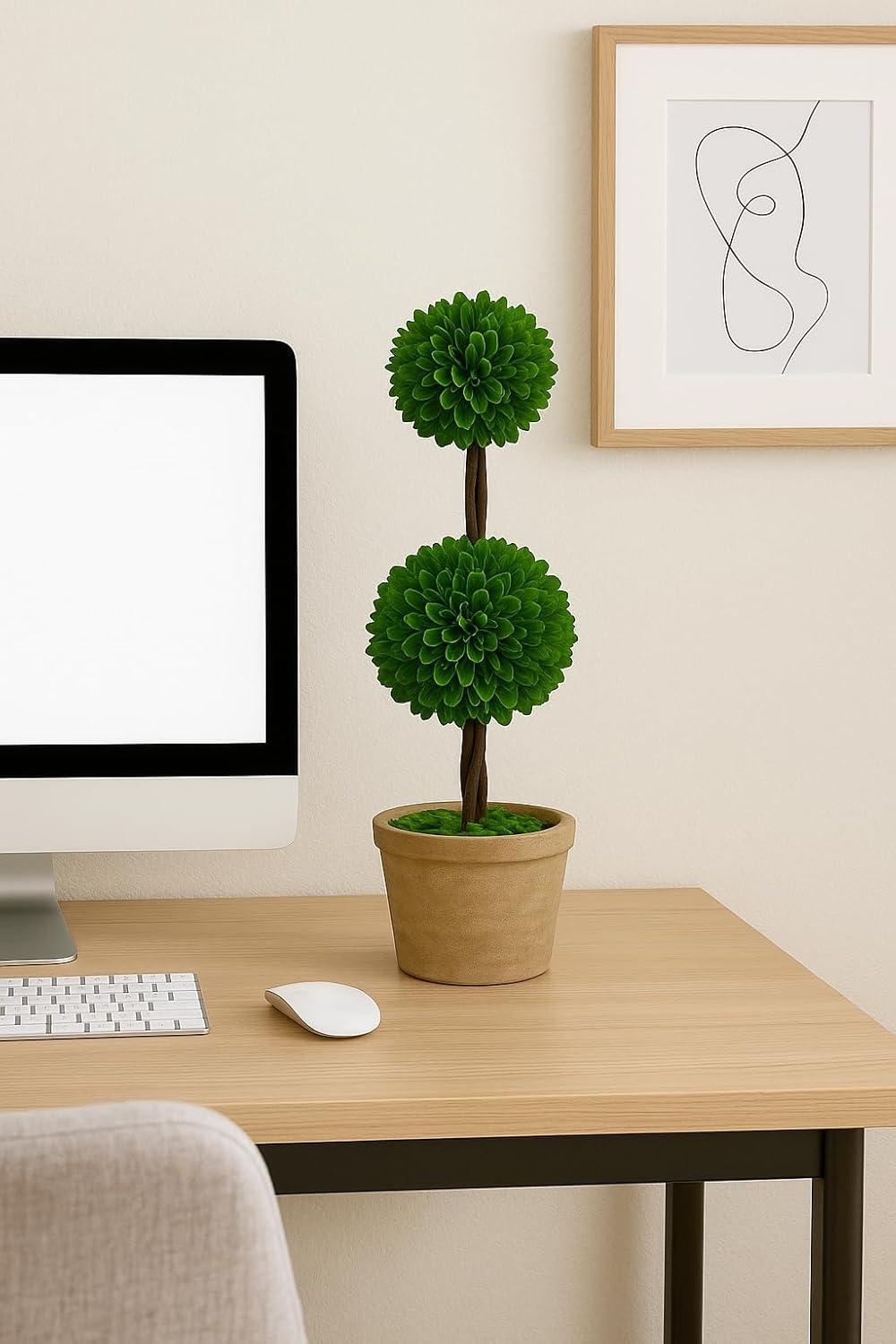 Modern Home 27" Real Preserved Boxwood Topiary Plant – Double Ball Faux Greenery in Rustic Pot – Indoor Outdoor Decorative Potted Plant for Home, Office, Porch, Patio, or Event Décor