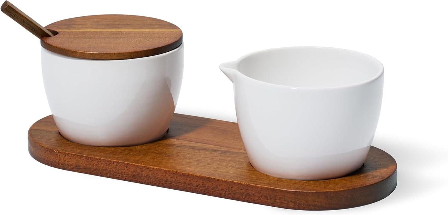 Nambé Duets Sugar & Creamer - White Porcelain & Acacia Wood Finish Set - 9.5" x 3.25" - with Lid & Spoon for Dining, Coffee & Tea Service