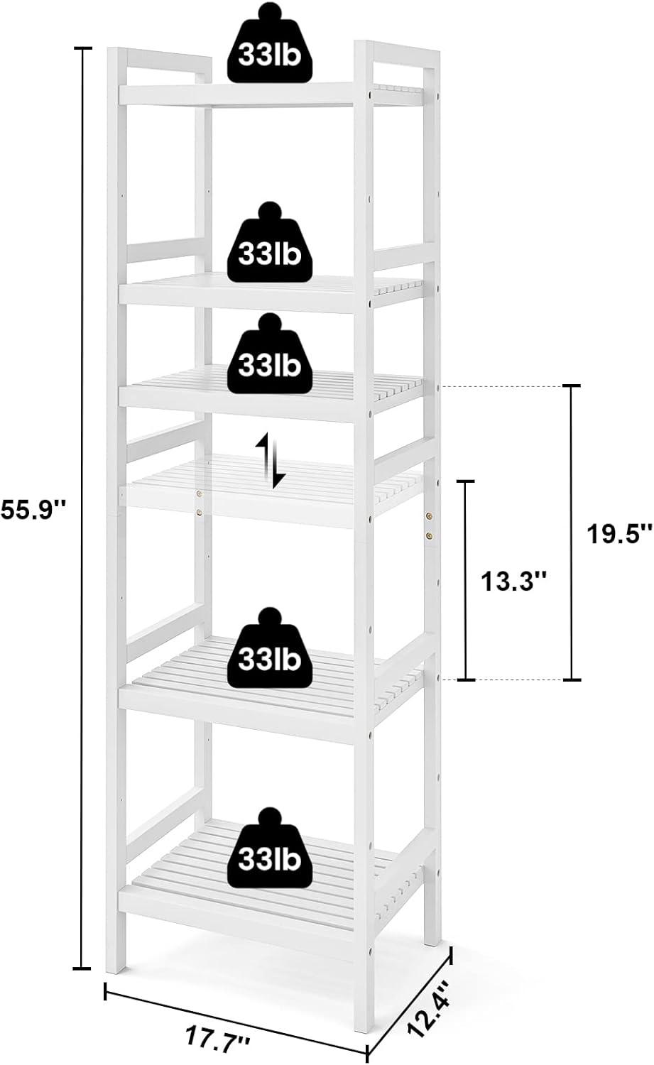 White Bamboo 5-Tier Adjustable Freestanding Bookshelf