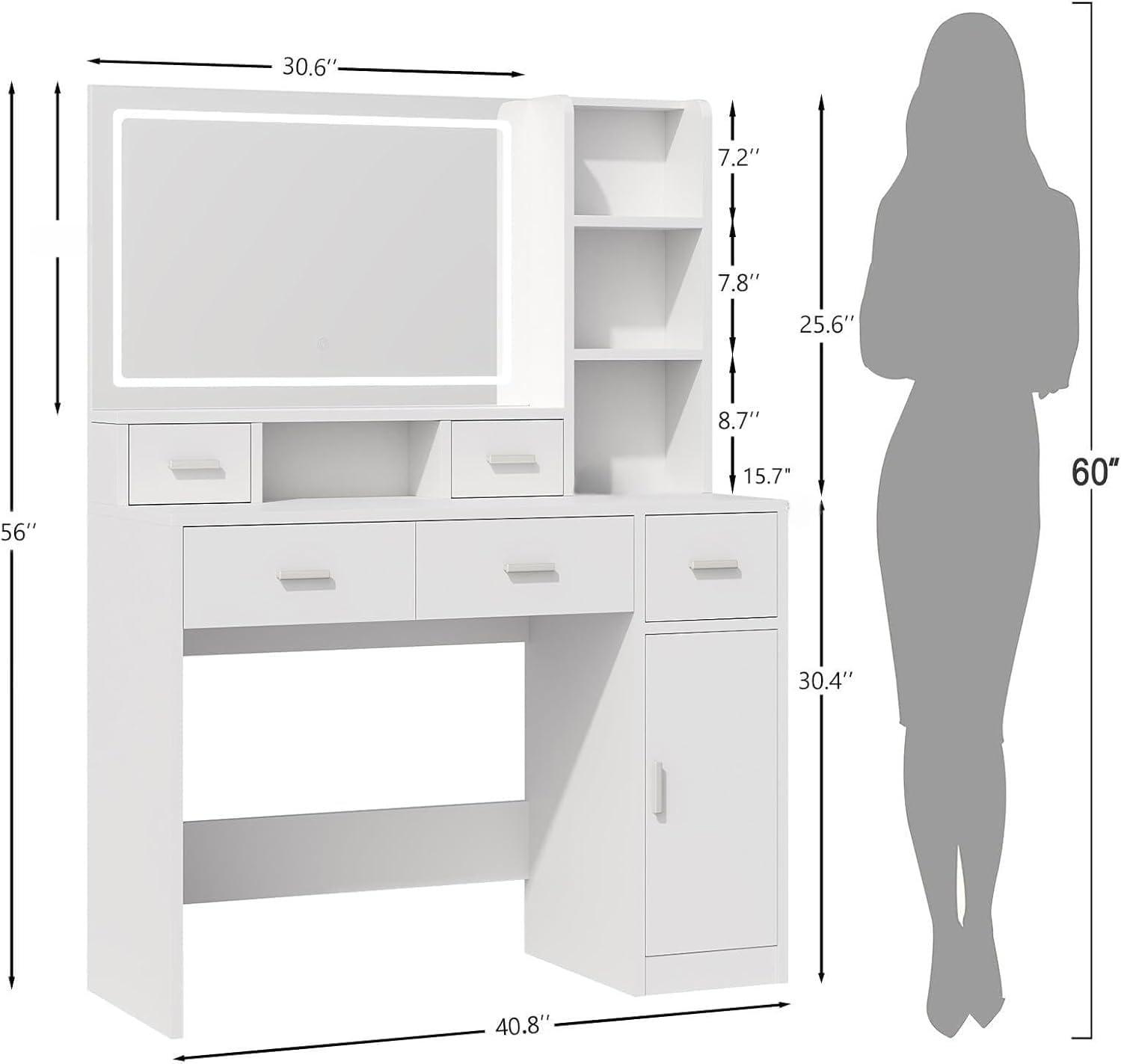 Vanity Desk with Large LED Mirror, Large Vanity Table with Charging Station, Makeup Vanity Desk with Drawers for Bedroom Dressing Room, Women Girls